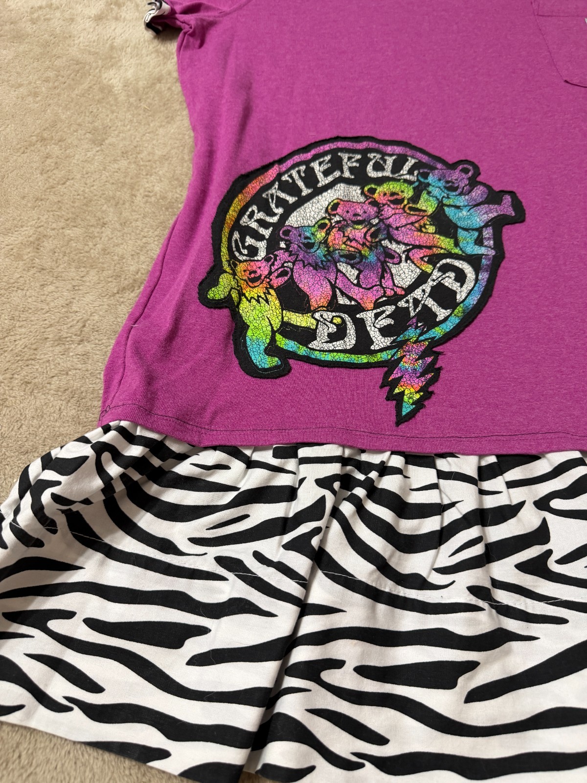 Grateful Dead Carhartt Upcycled Tee Dress XL Zebra Ruffle Velvet Familiar
