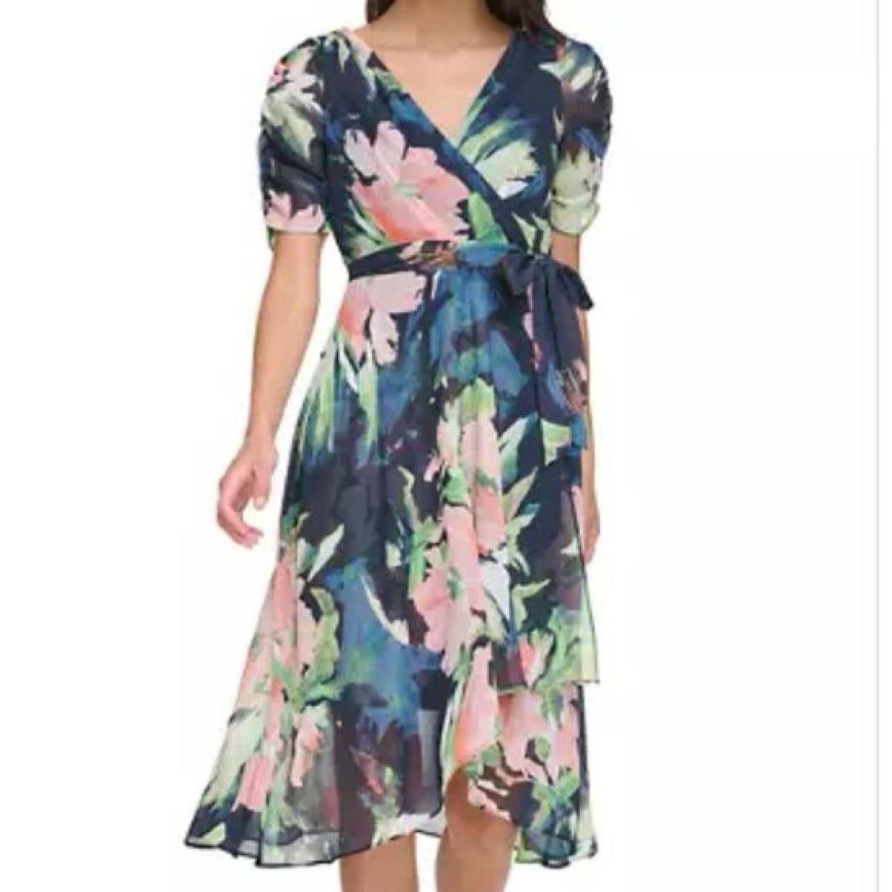 DKNY Donna Karen Women’s Floral Tie-Waist Ruched-Sleeve Dress