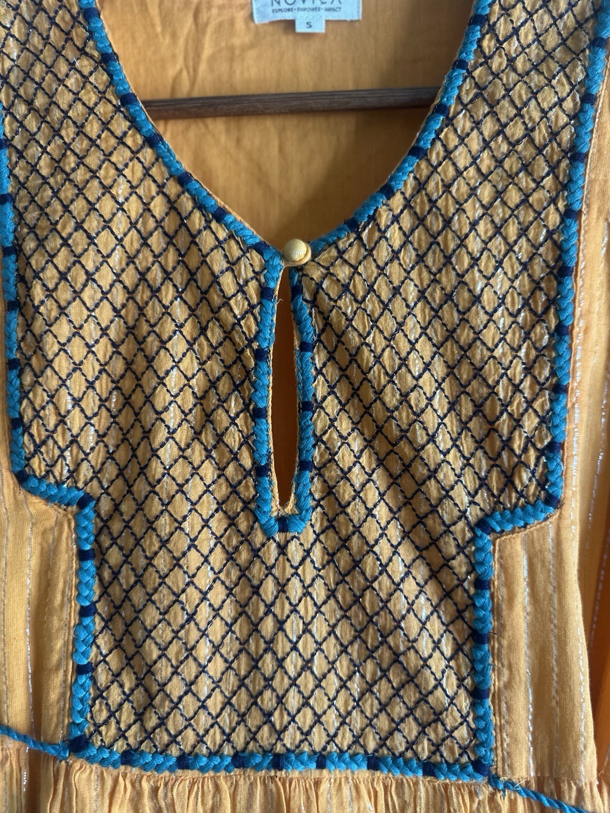 NOVICA Orange Blue Ombre Embroidered Maxi Dress S Lined 3/4 Bell Sleeve