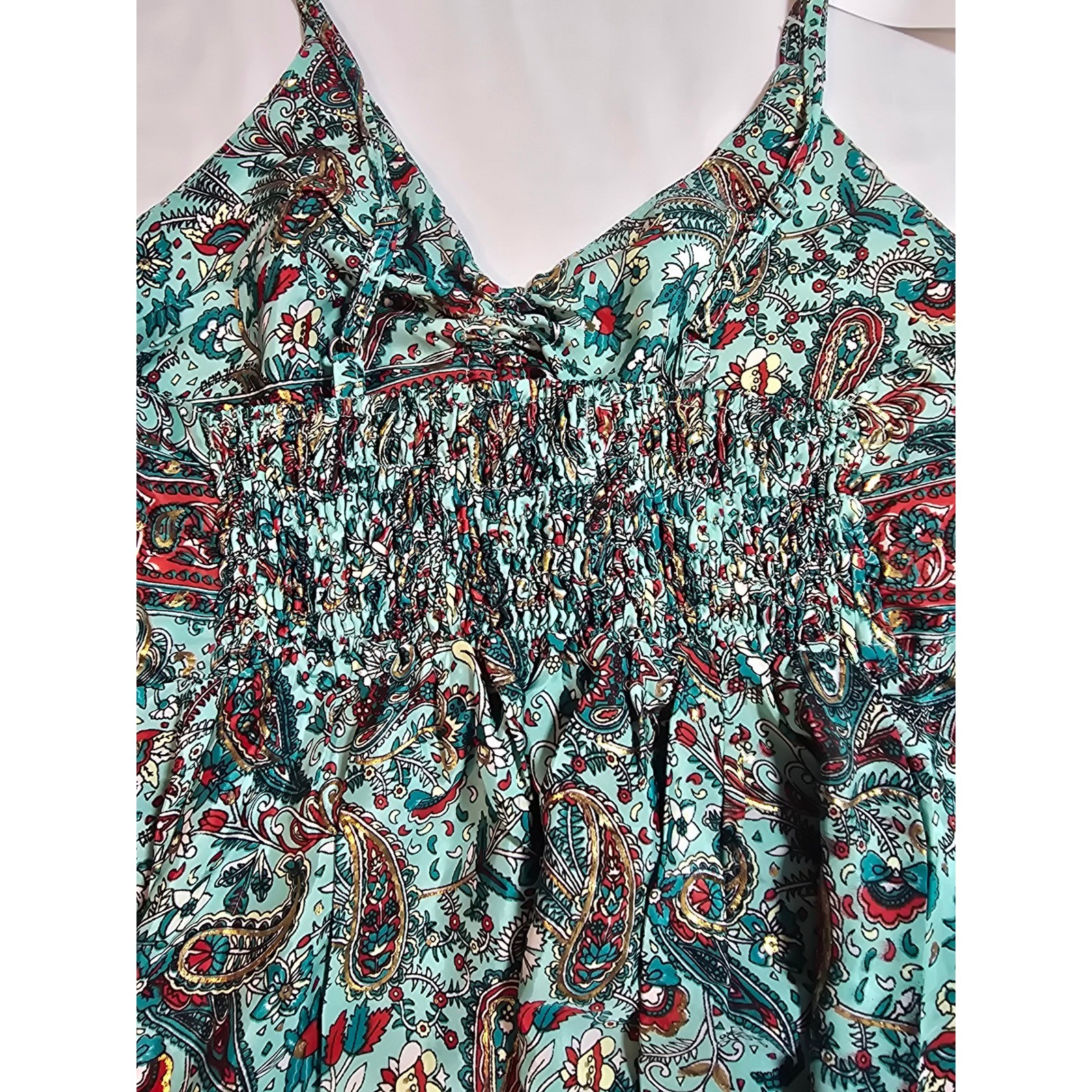 White Waves Teal Paisley Silk Blend Boho Maxi Dress L/XL Tassels Gold Foil India