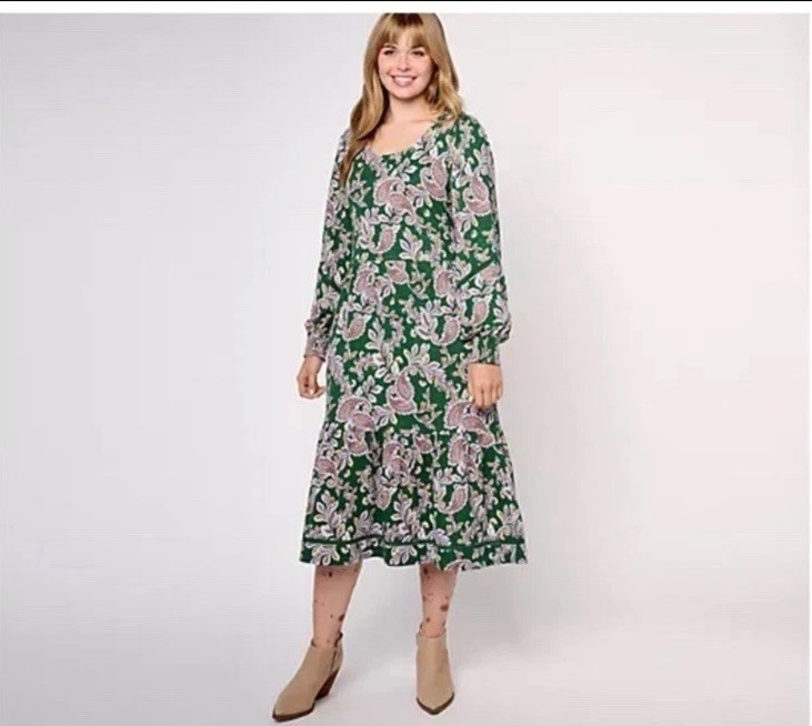 NWOT CANYON RETREAT WOMAN PLUS 1X MIDI BOOT DRESS GREEN PAISLEY COTTON BLEND
