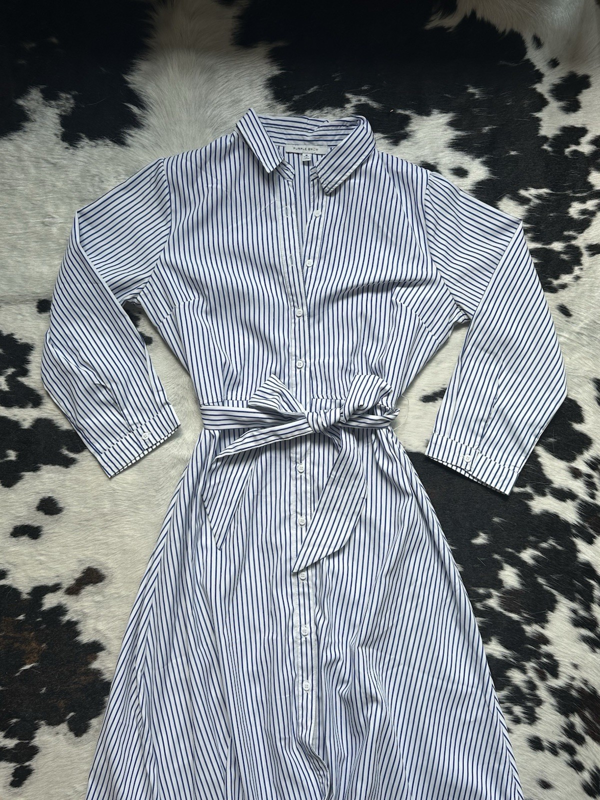 Striped Button-Front Maxi Shirt Dress w/Tie Waist Blue White 3/4 Sleeve Nautical