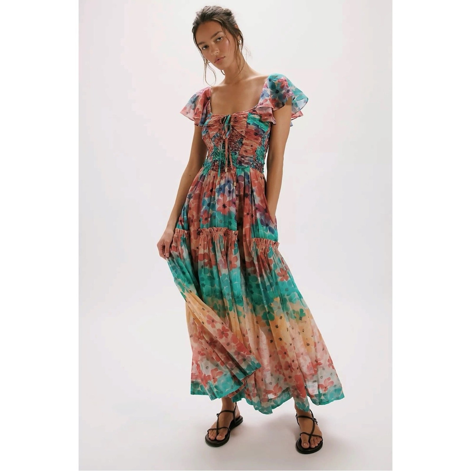 Free People Sunshine Maxi Dress in Soft Tropical Combo Size Medium NWT
