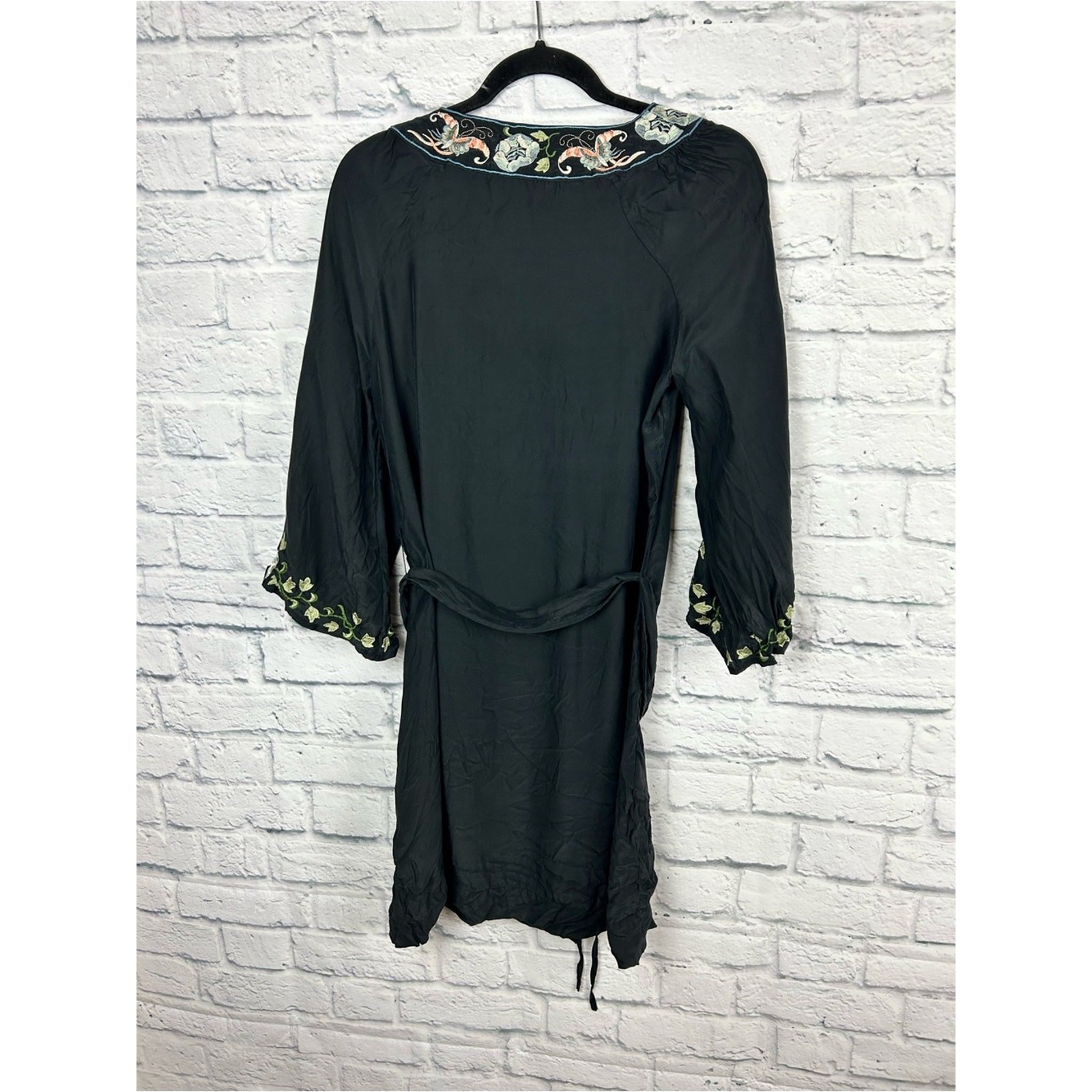 Lucky Brand 100% Silk Embroidered Tunic Dress Black Boho Tie Waist Medium