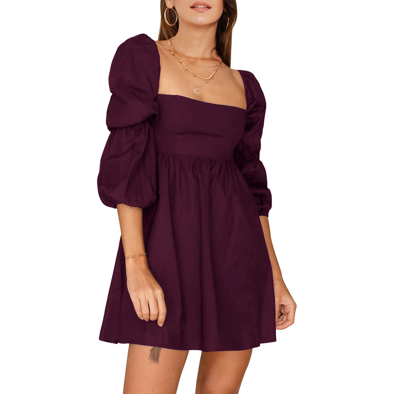 EXLURA Women’s Square Neck Dress Long Puff Sleeve A-line Casual Short Wine Large