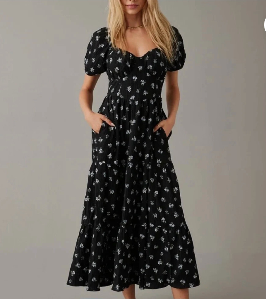 American Eagle Black Floral Open Back Corset Maxi Dress M Cottagecore Whimsigoth