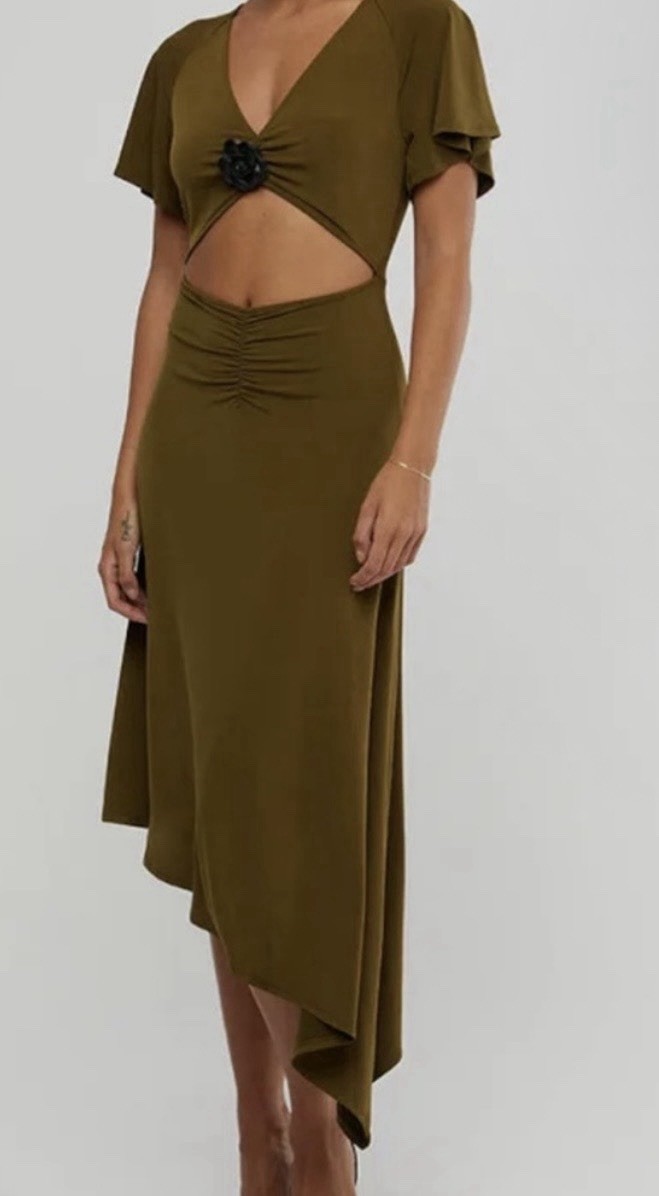 WeWoreWhat Cutout Asymmetrical Green Stretch Flower Midi Dress Womens Size M NWT