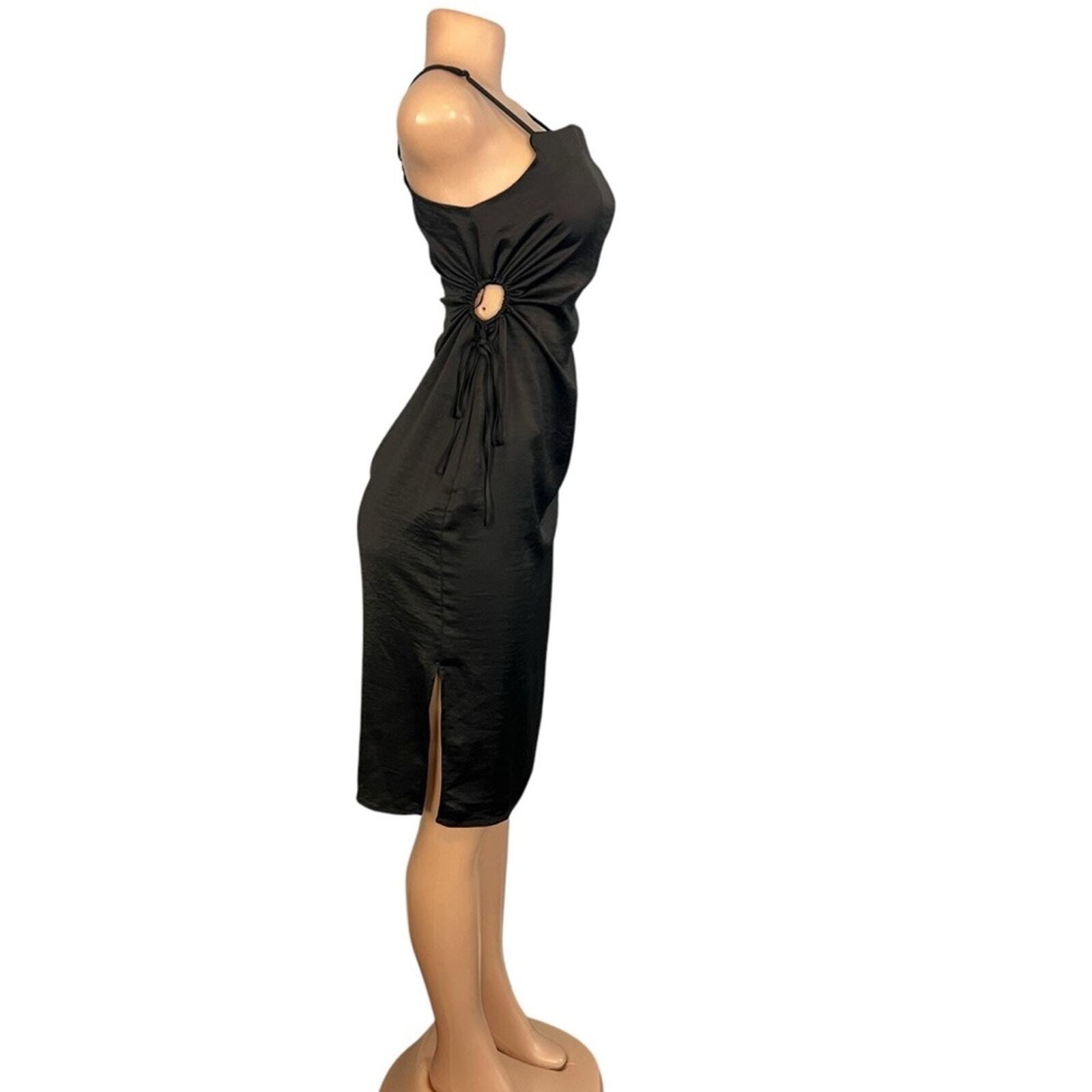 House of Harlow 1960 Solid Black Open Drawstring Sides Satin Mini Dress