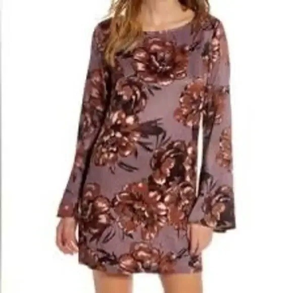 Leith Ladies Purple Floral Tunic Mini Dress Flare Sleeves XS