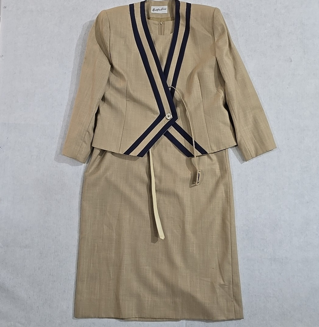 Vtg Mountain Home Skirt Suit Set 12 Tan Navy Trim Made in USA 80s Career Look