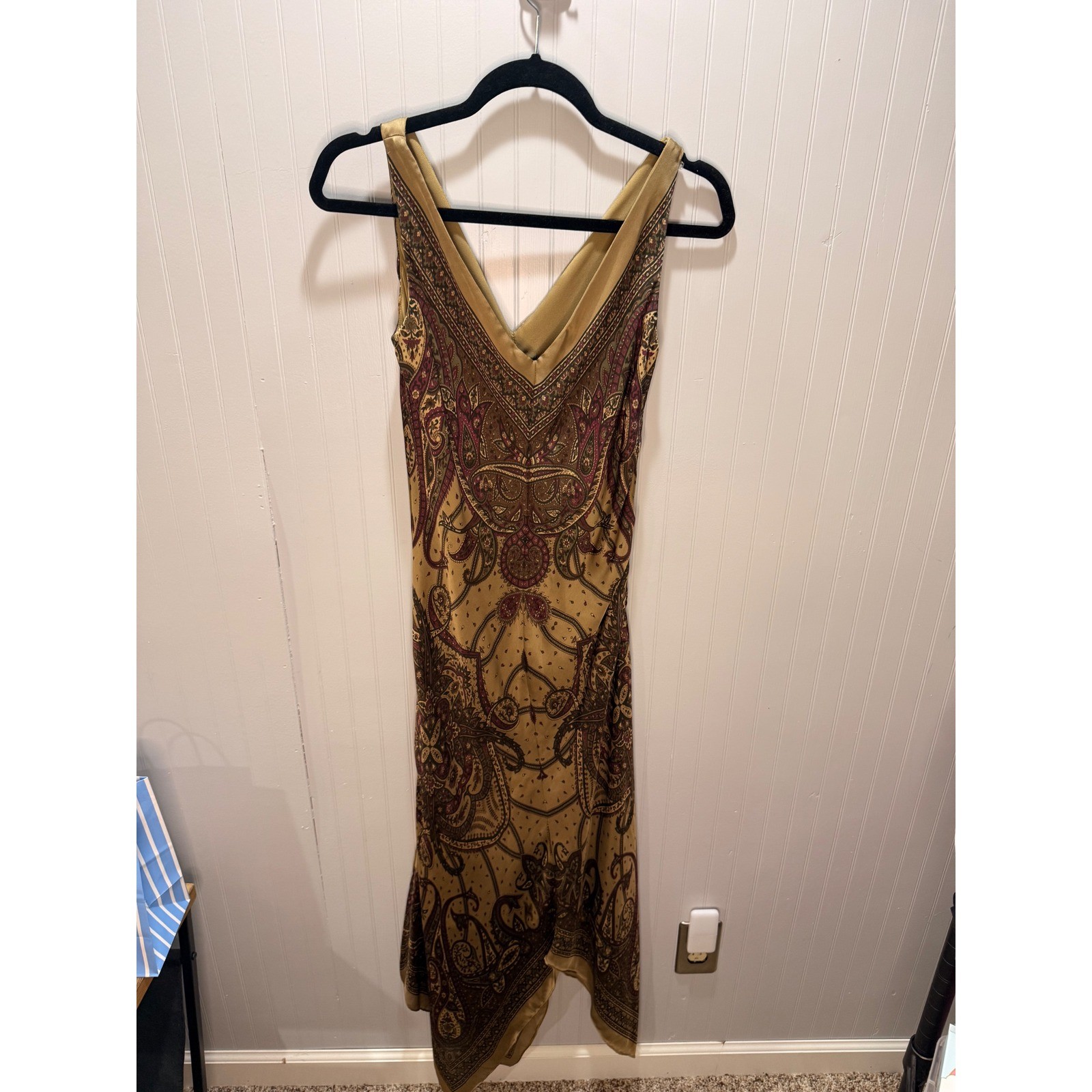 Lauren Ralph Lauren Silk Paisley Handkerchief Hem Midi Dress Gold Burgundy 4