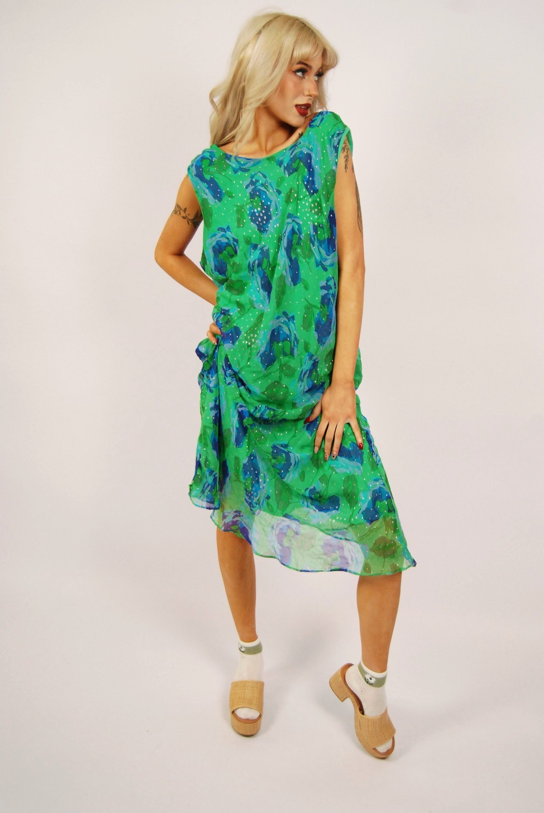 Y2K Floral Dress (16) green blue vintage midi tank business casual smart chic