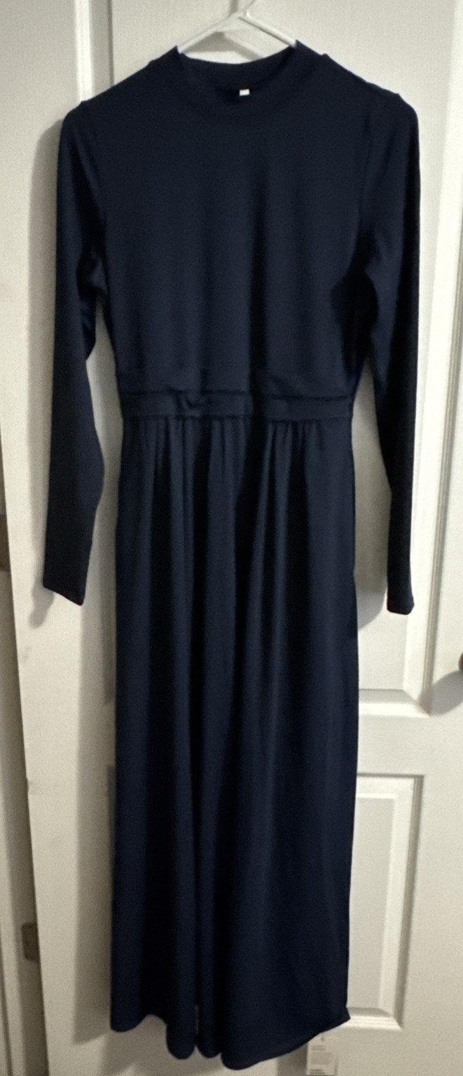 Halara Womens Stand Collar Long Sleeve Flare Maxi Dress Size M Navy Blue Casual