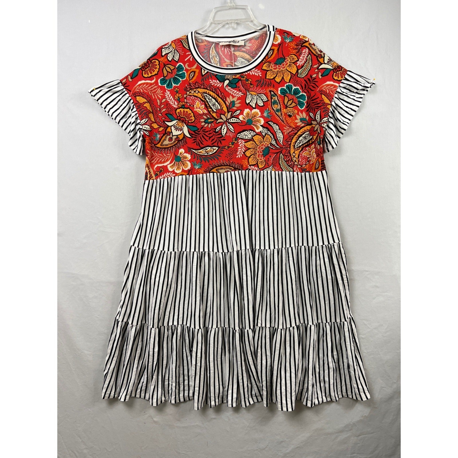 Haptics Tiered Dress Womens Medium Red Black White Paisley Stripe Mixed Print