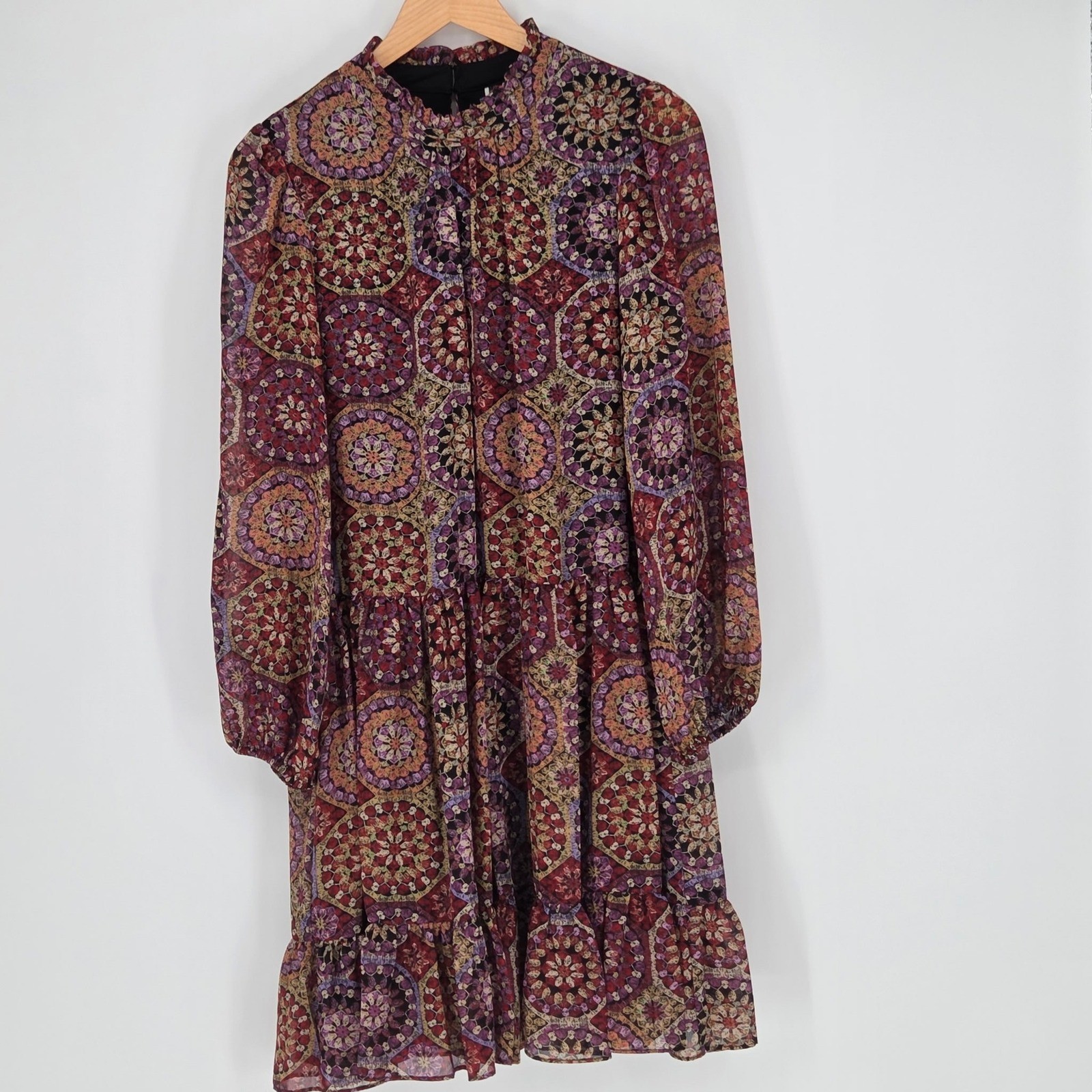 Julian Taylor New York Boho Medallion Print Mock Neck Ruffle Mini Dress Burgundy
