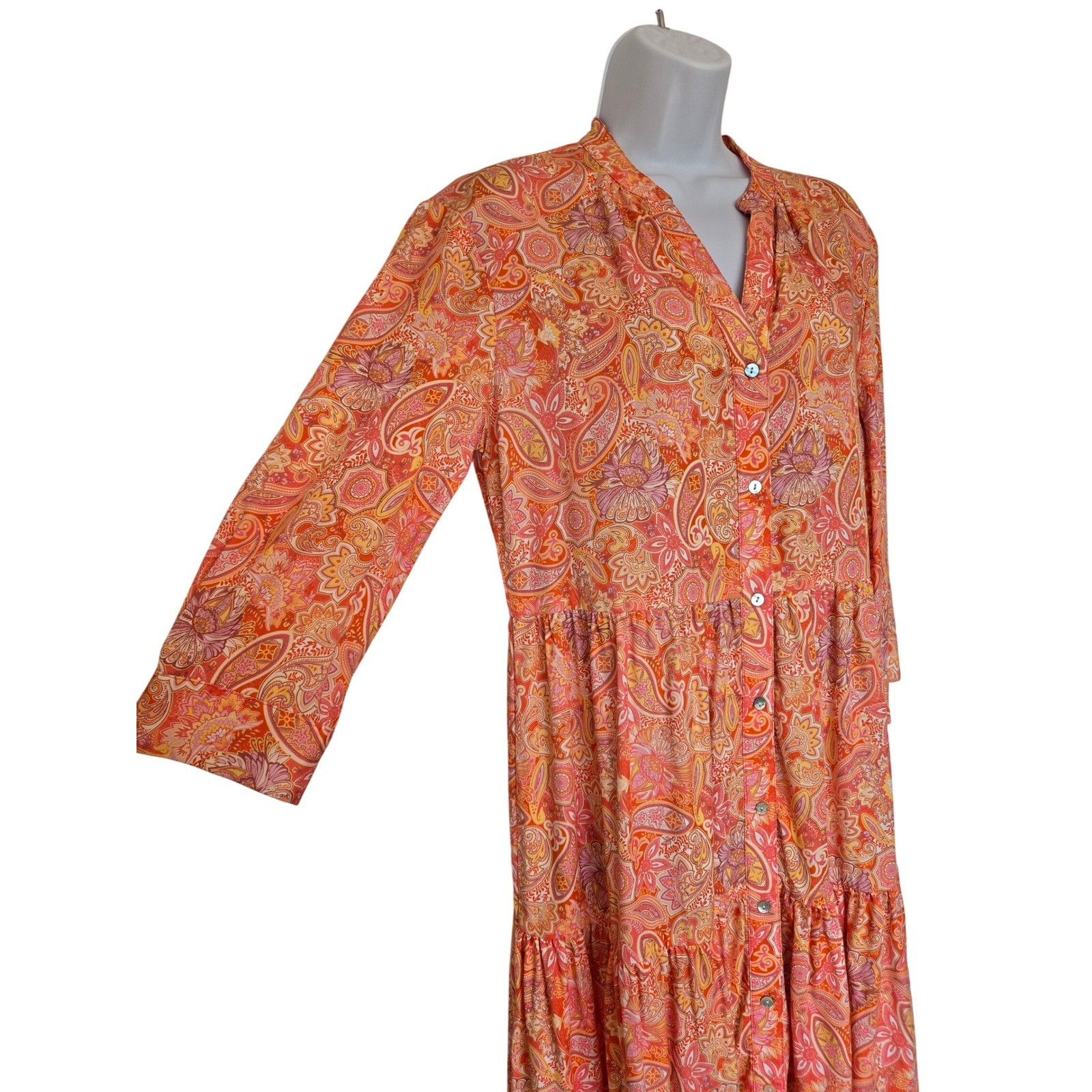 Johnston & Murphy Orange Pink Paisley Lyocell Tiered Dress S Boho Cottage Retro