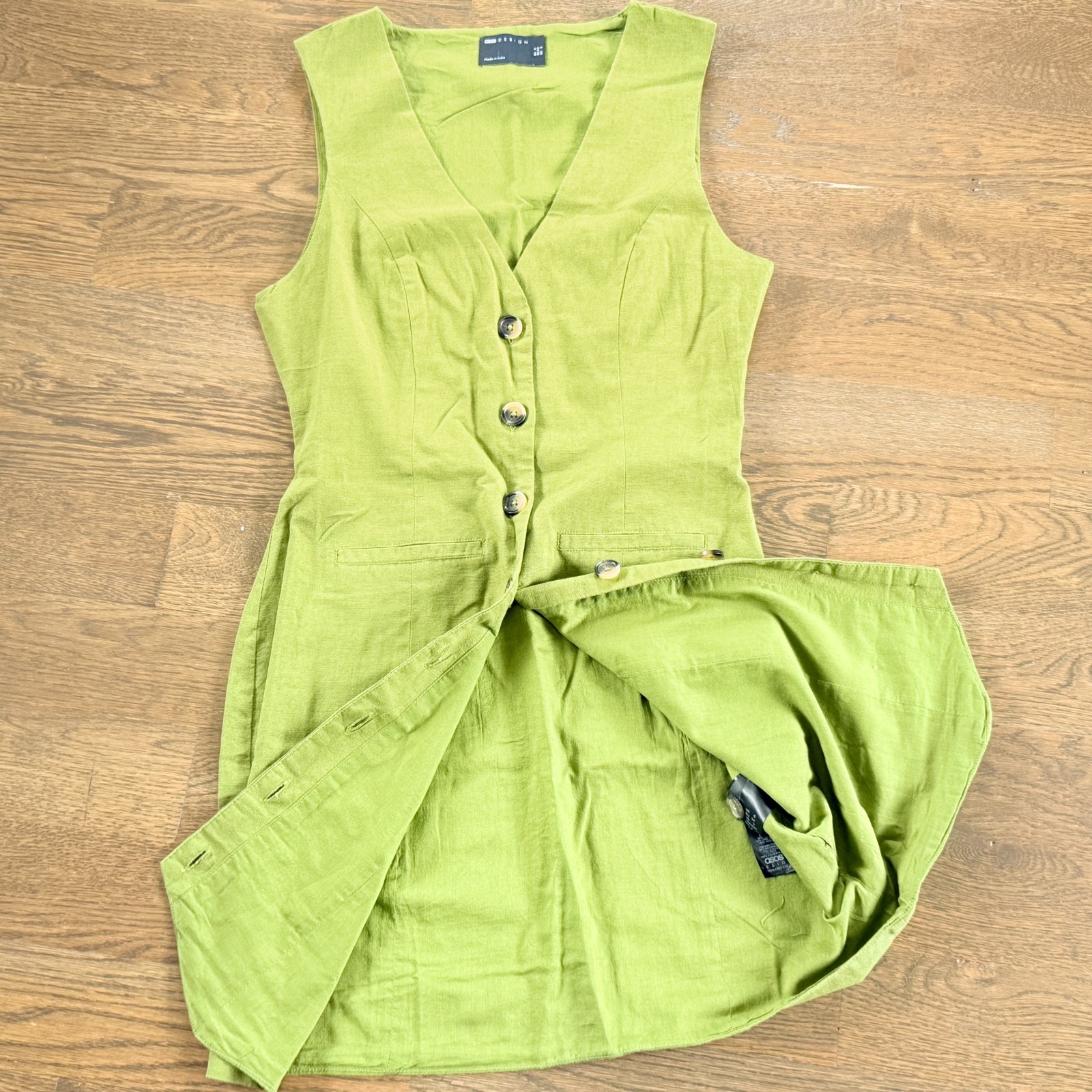 Asos Design Made In India Cotton Linen Green Button Dress