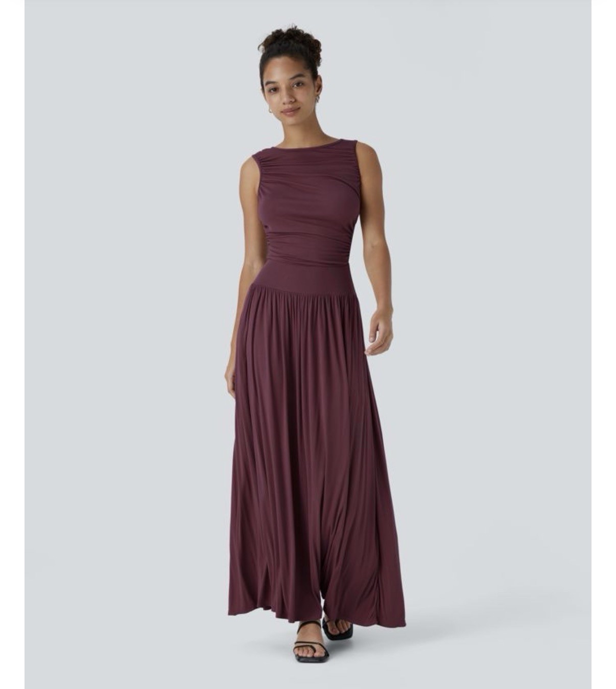 Halara Ribbed Boat Neck Asymmetric Ruched Flowy Maxi Dress Maroon NEW M