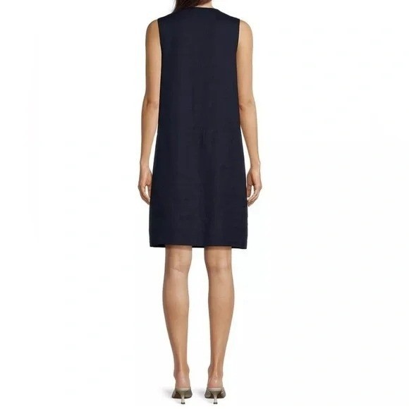 J. McLaughlin LG Linen Split Round Neck Sleeveless Besom Pocket Shift Dress