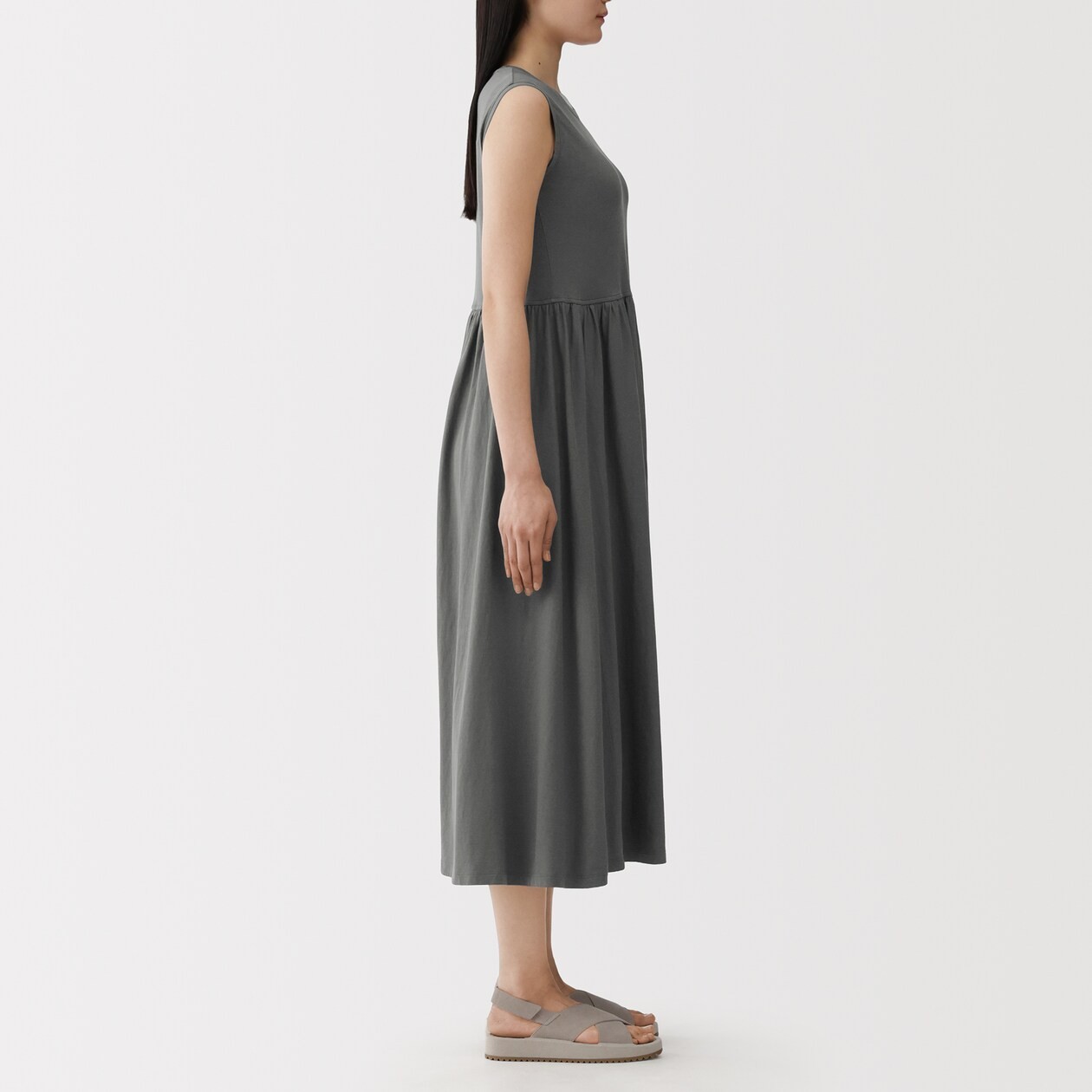 MUJI Womens 100% Cotton High-Twist Sleeveless Dress Smoky Blue FedEx