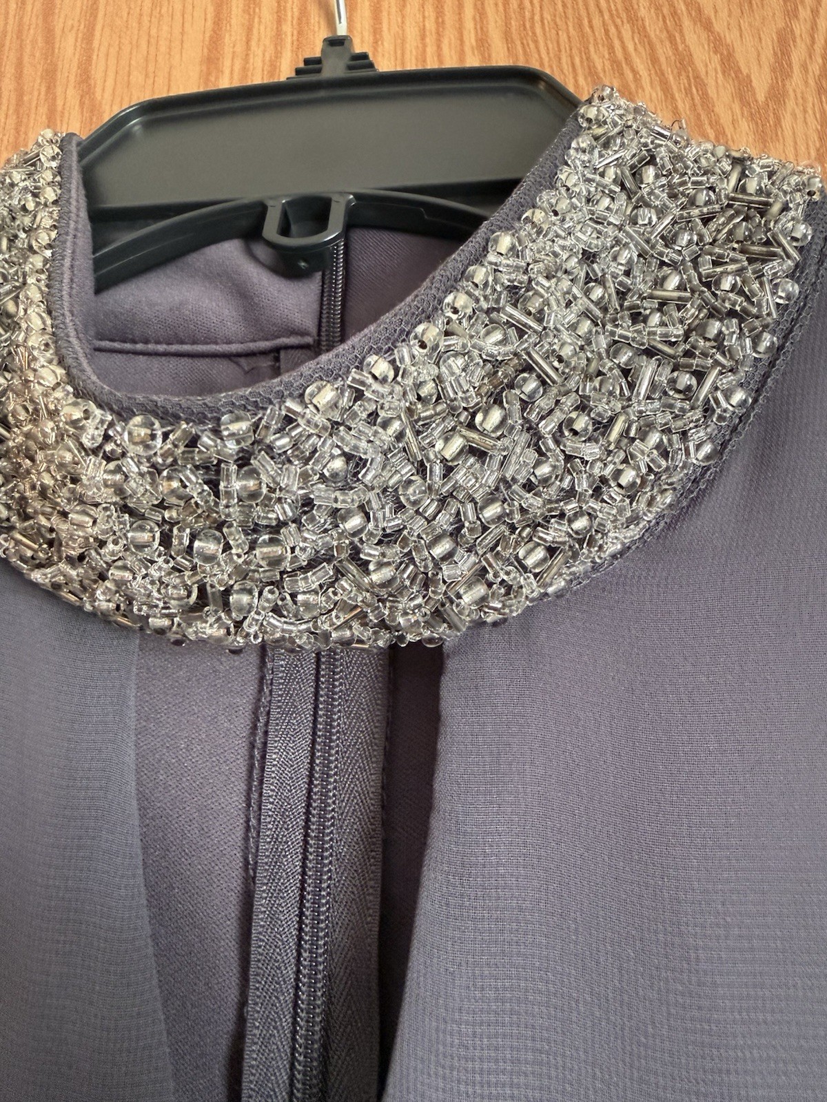 Perceptions New York Women’s Gray Shift Dress 8 Mock Neck Beaded Chiffon Zip