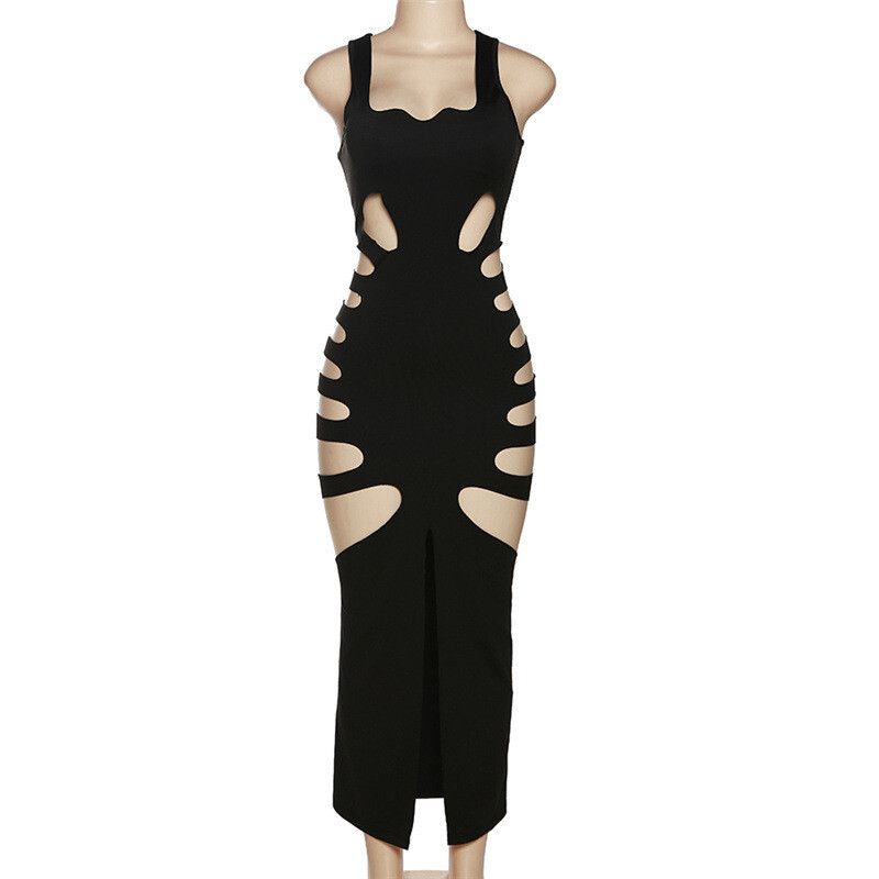 Plus Size Womens Sexy Hollow Out Low Cut High Waist Slit Bodycon Club Long Dress