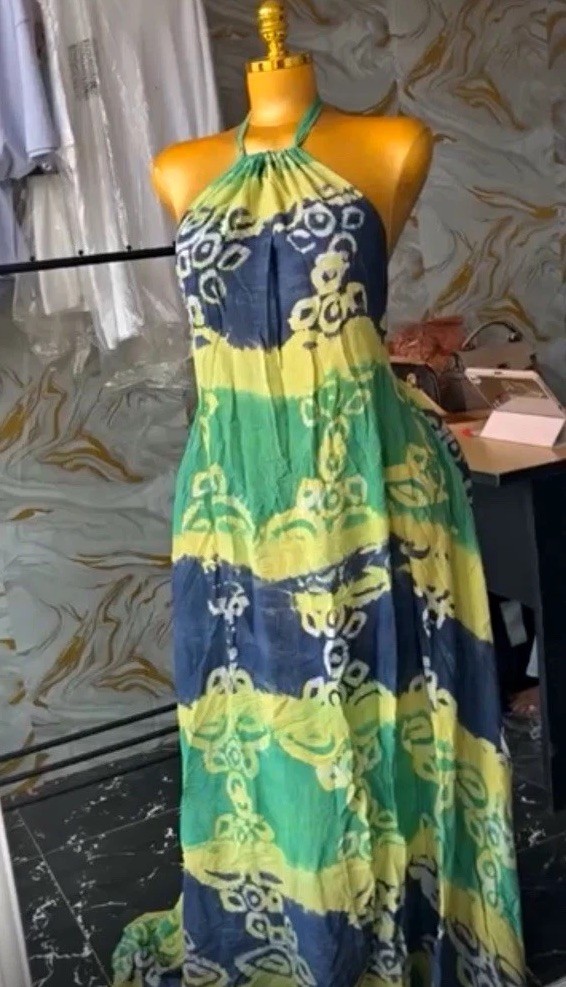 Women’s One Size Tie Dye Halter Backless Tie Maxi Dress Green Yellow Blue