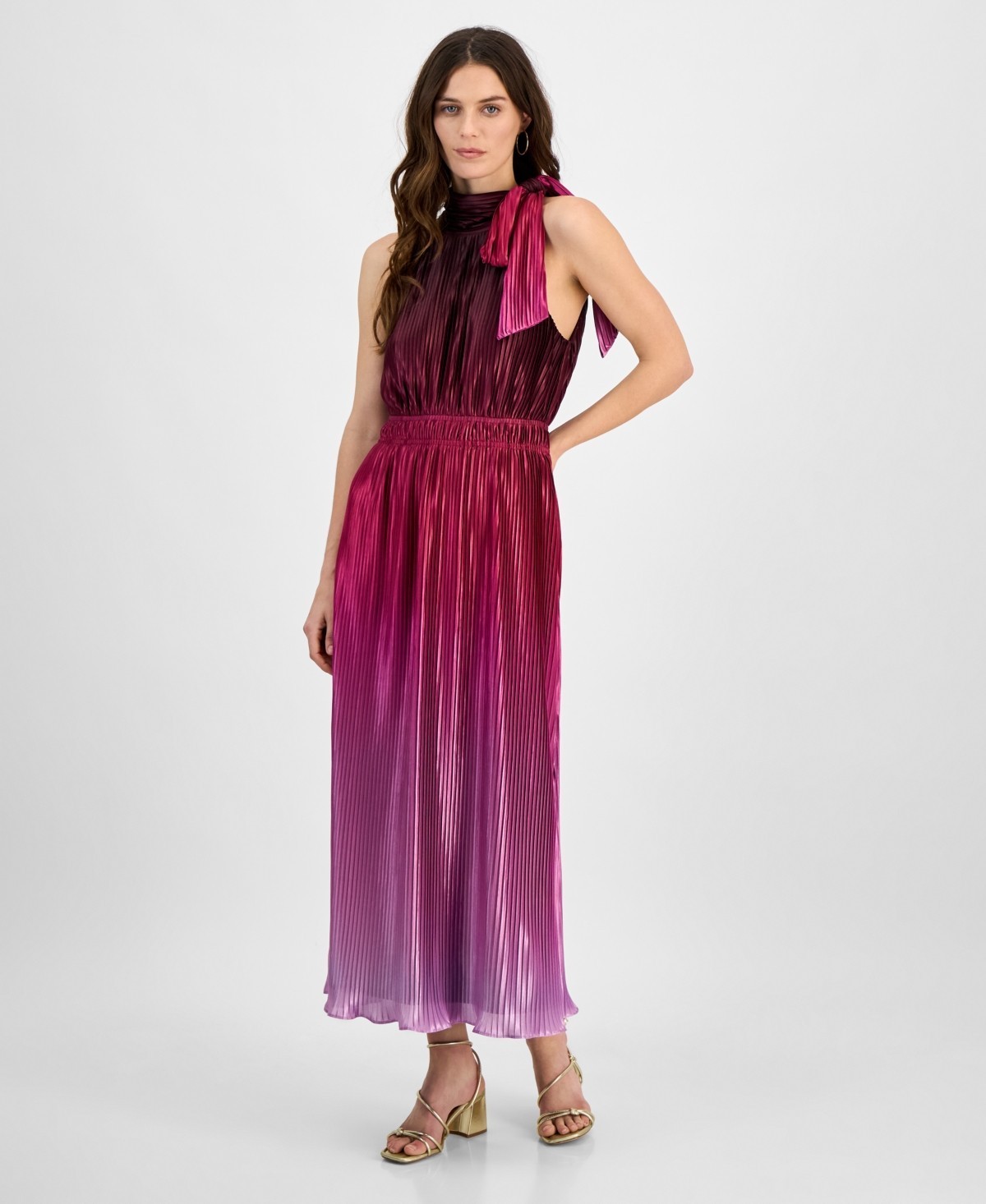 Anne Klein Pleated Bow-Neck Midi Dress Women’s 0 Pink Sleeveless Pullover Style
