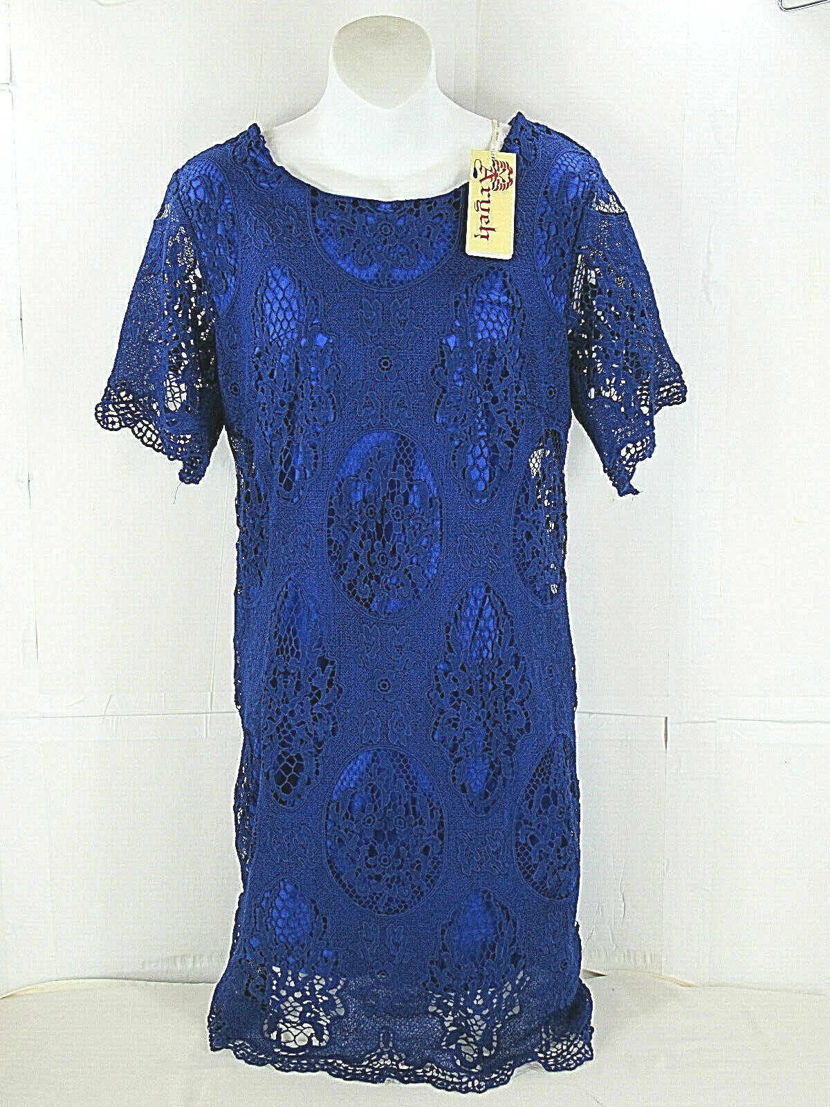 Aryeh Womens L [ 36in Bust 34in Waist 38in Hips 37L ] Crochet Lined Dress Blue