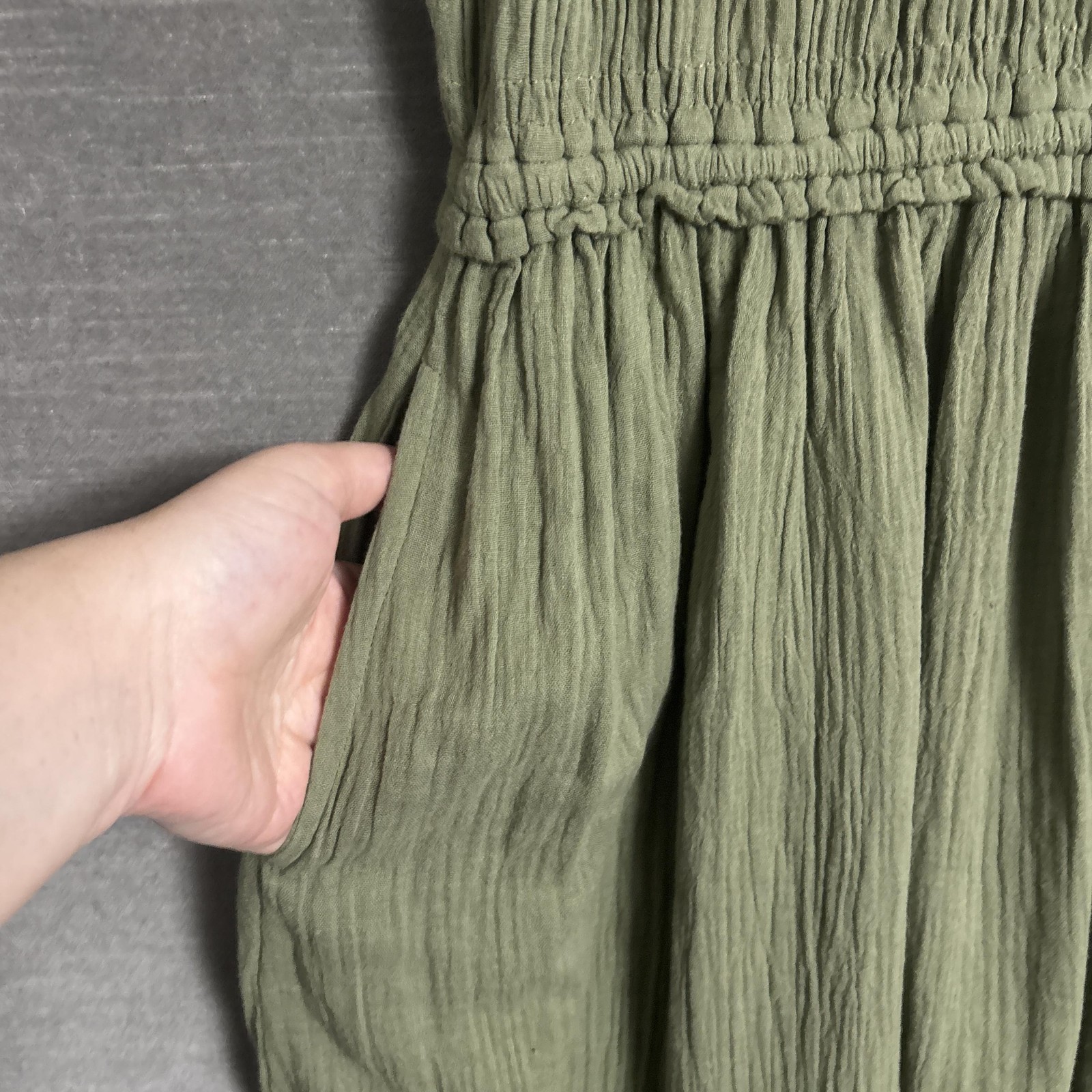 NEW Sim Sam Dress M Green Milkmaid Smocked Puff Gauzy Dainty Romantic Midi Maxi