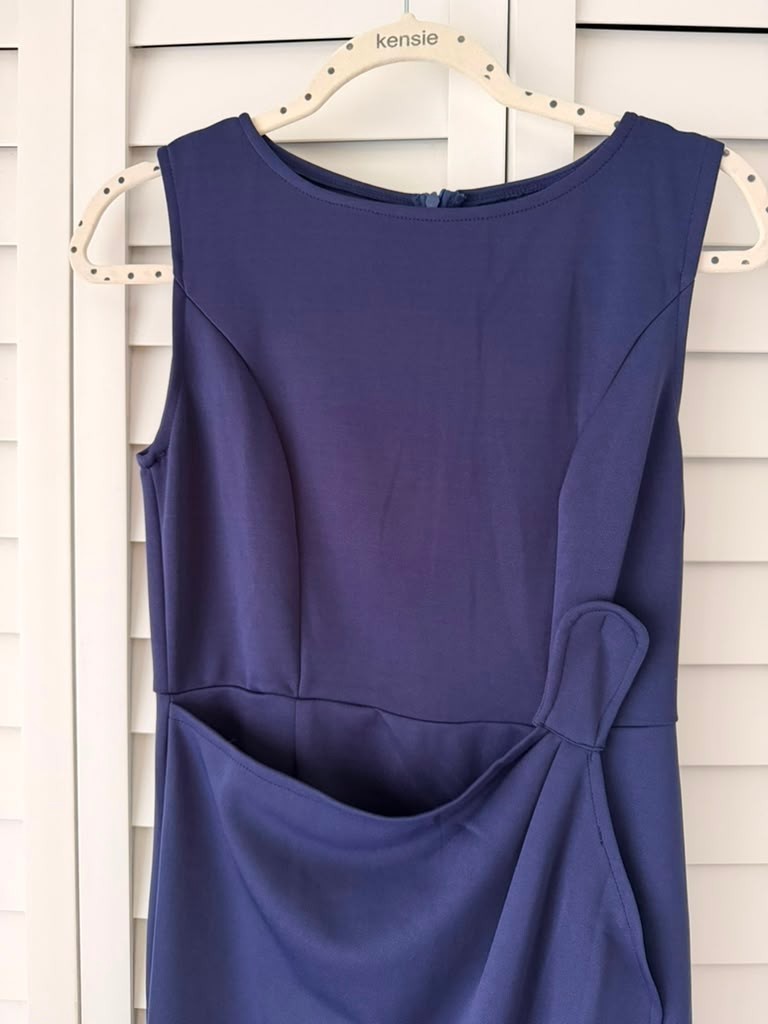Elegant Navy Blue Sleeveless Draped Wrap Midi Dress Side Slit Lined Size M