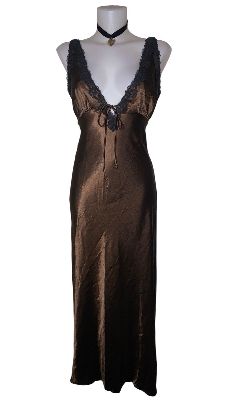90s Y2k Womens Brown Lace Slip Dress Sz M Babydoll Witchy Grunge Dark Goth