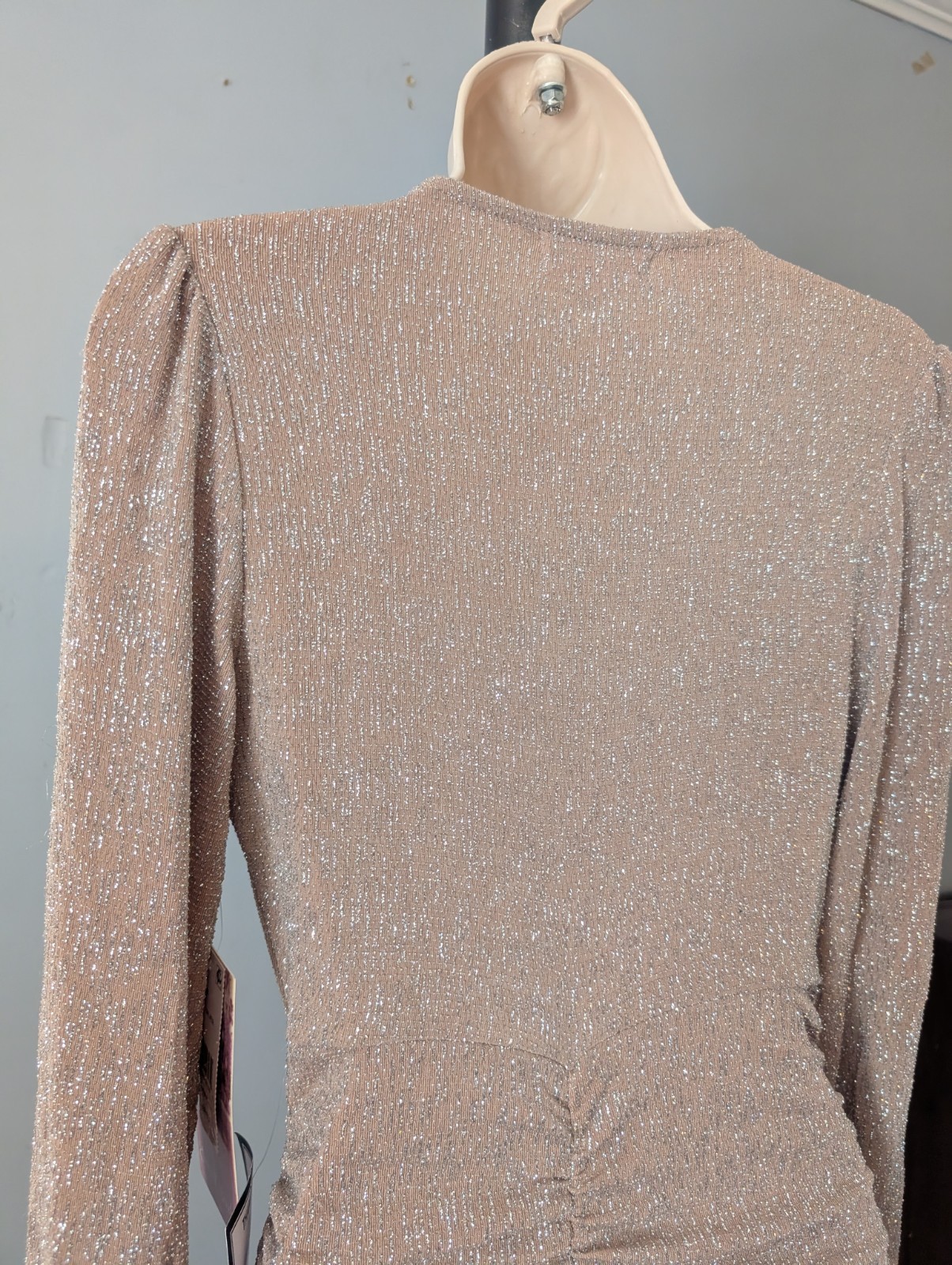 NWT Emerald Sundae Womens Silver Taupe Glitter Draped Front Dress M Ruched