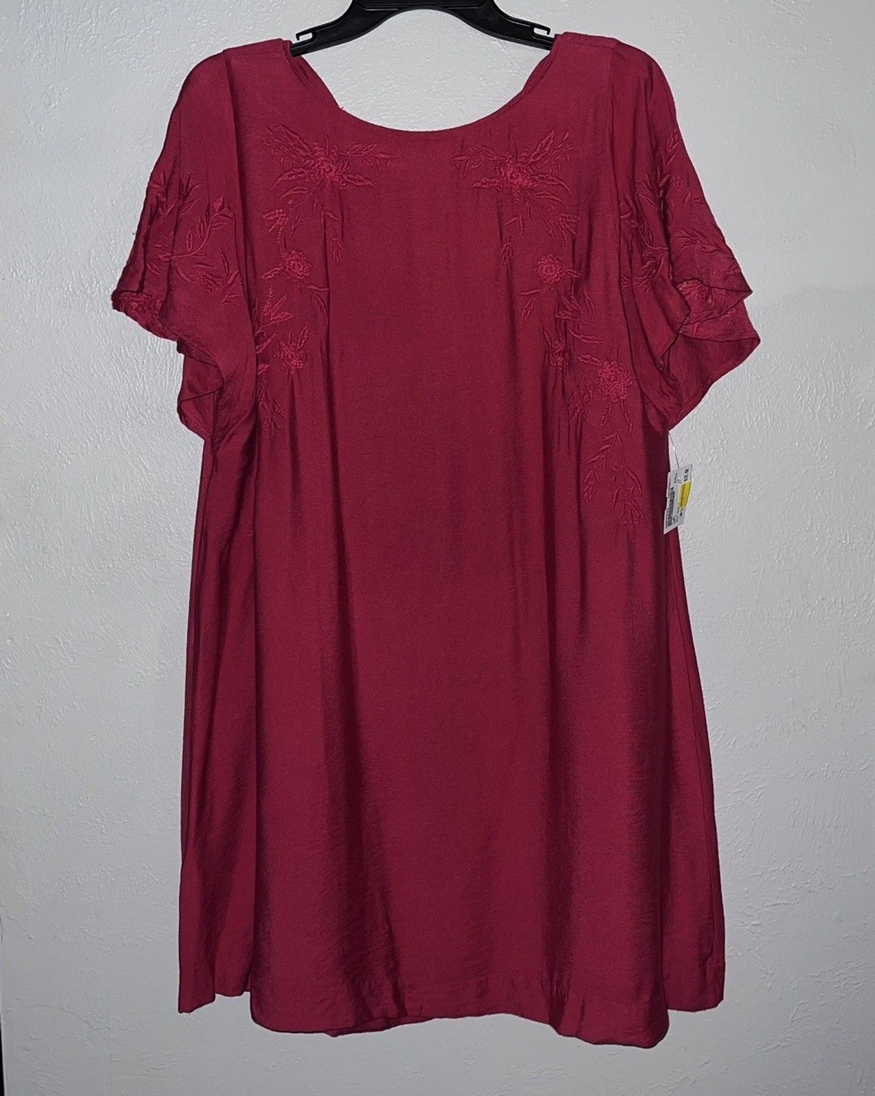 New Loft Women Sz L Red Floral Embroidered Shift Dress Cross Back Short Sleeve