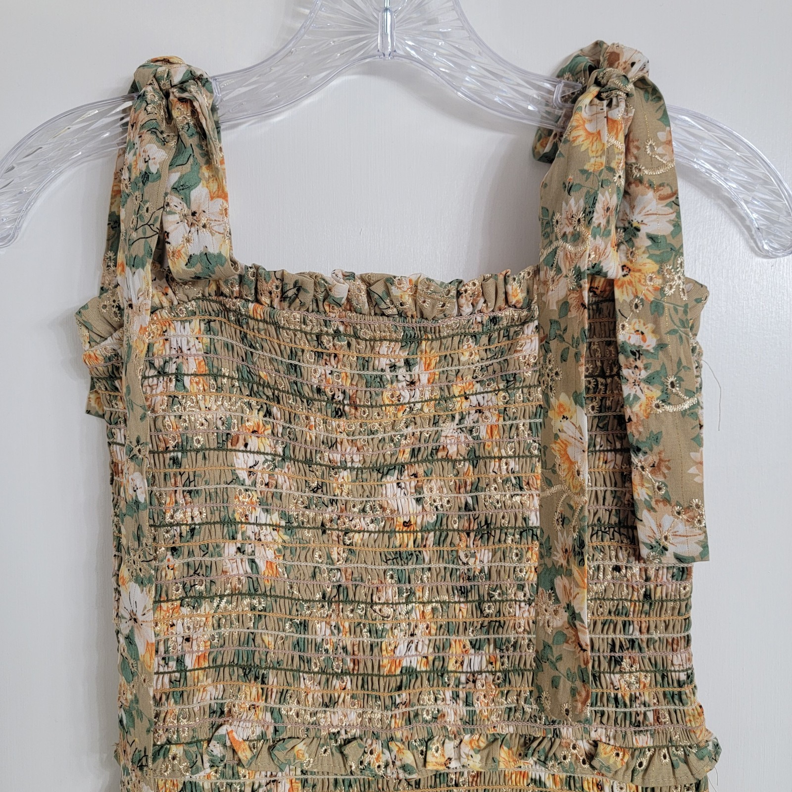 Storia Floral Daisy Smocked Ruffle Dress Tie Straps Tube Dress Eyelet Bodycon M