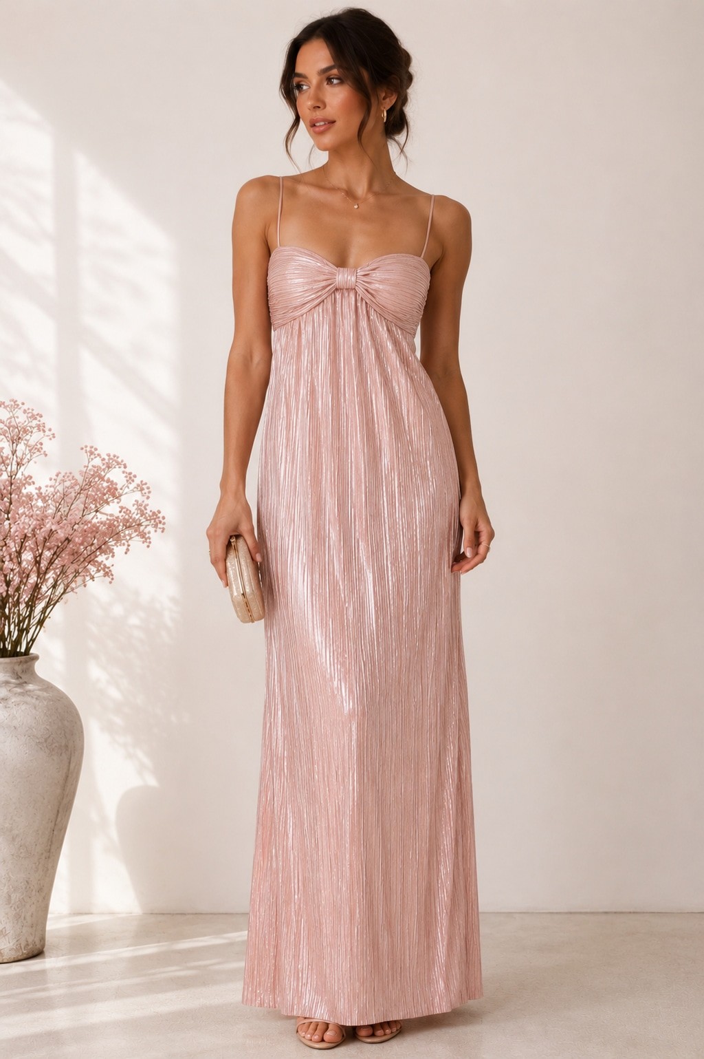 Lovers + Friends Mya Gown Light Pink Metallic Plissé Maxi Dress NWT Medium