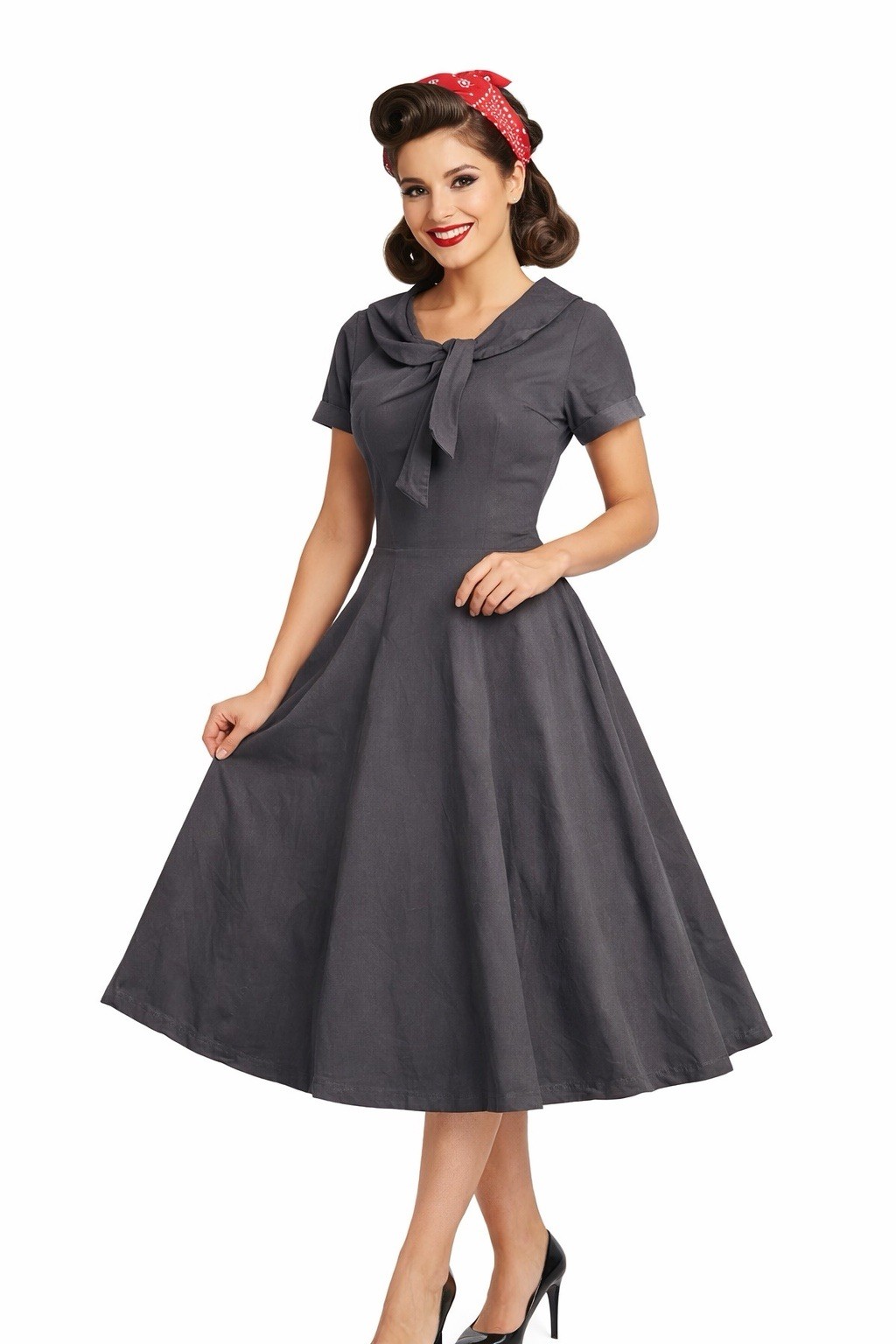 Gown Town Fit Flair Rockabilly Dress 50s Hepburn Style, Grey Size S, Flaw on Hem