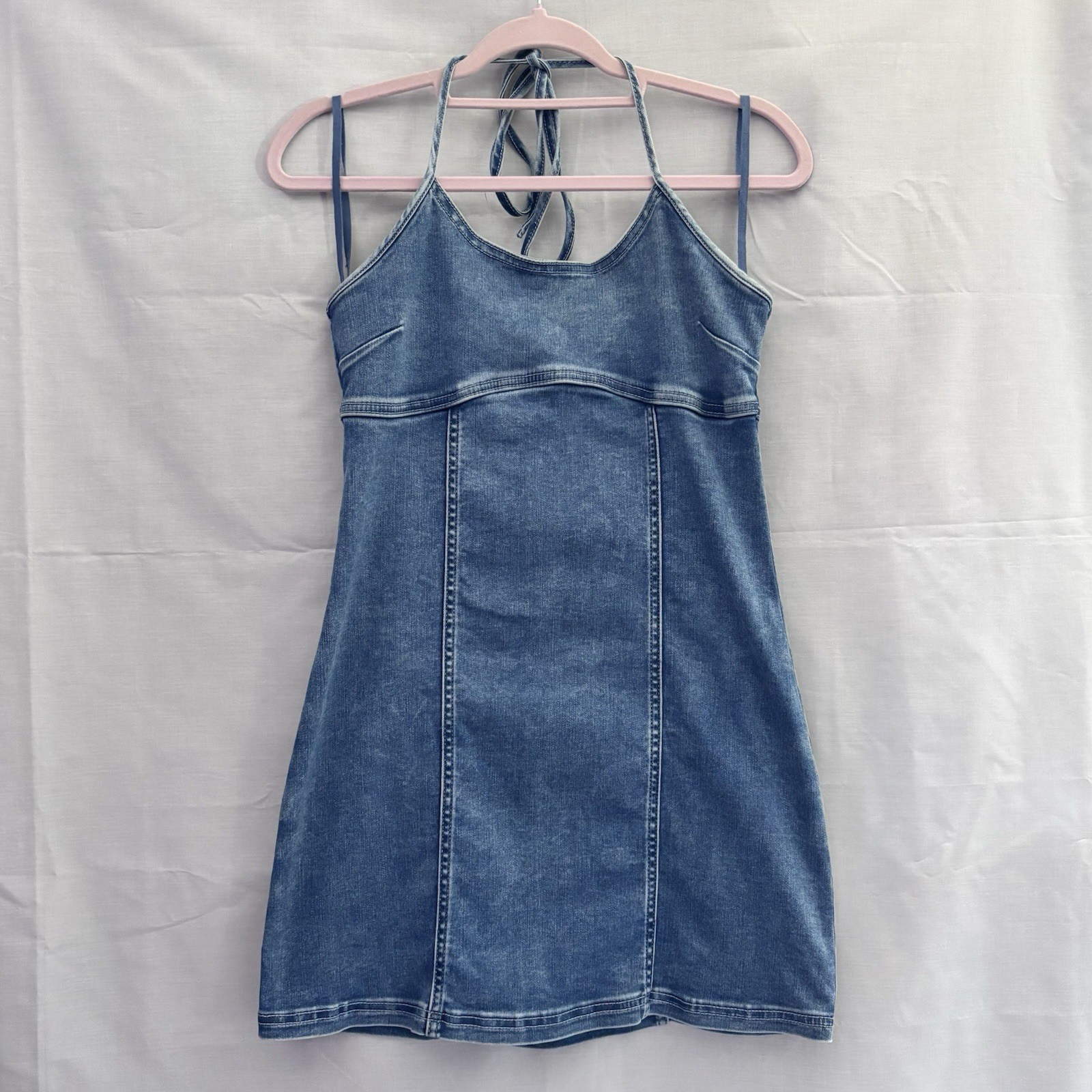 Aerie Women’s Junior’s Medium Wash Denim Halter Mini Dress Medium Stretch Y2K