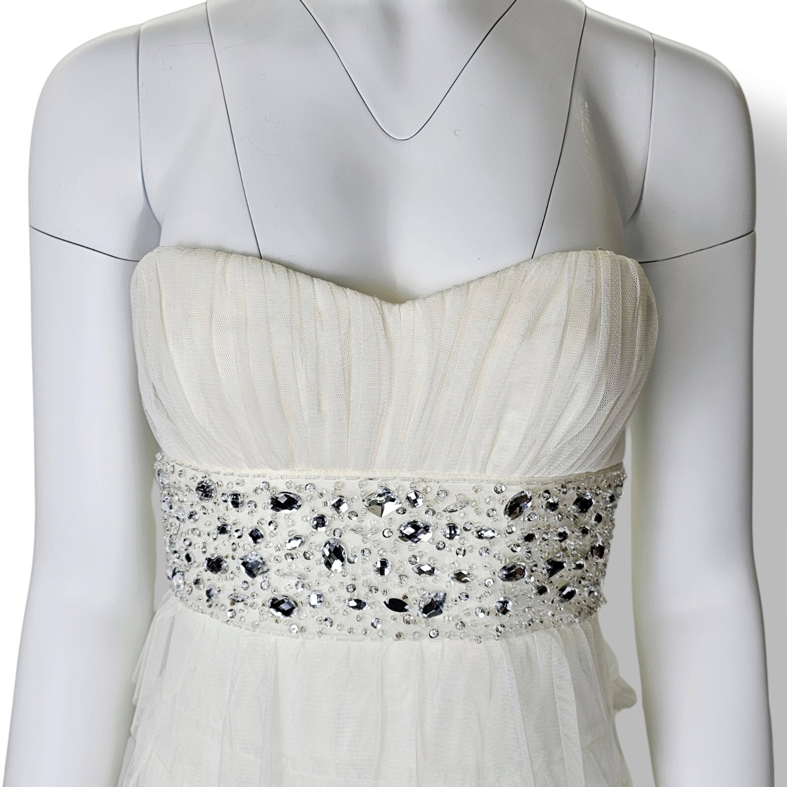 B. Darlin Dress Prom Formal Strapless Ivory Tiered Tulle Rhinestone Size 5/6