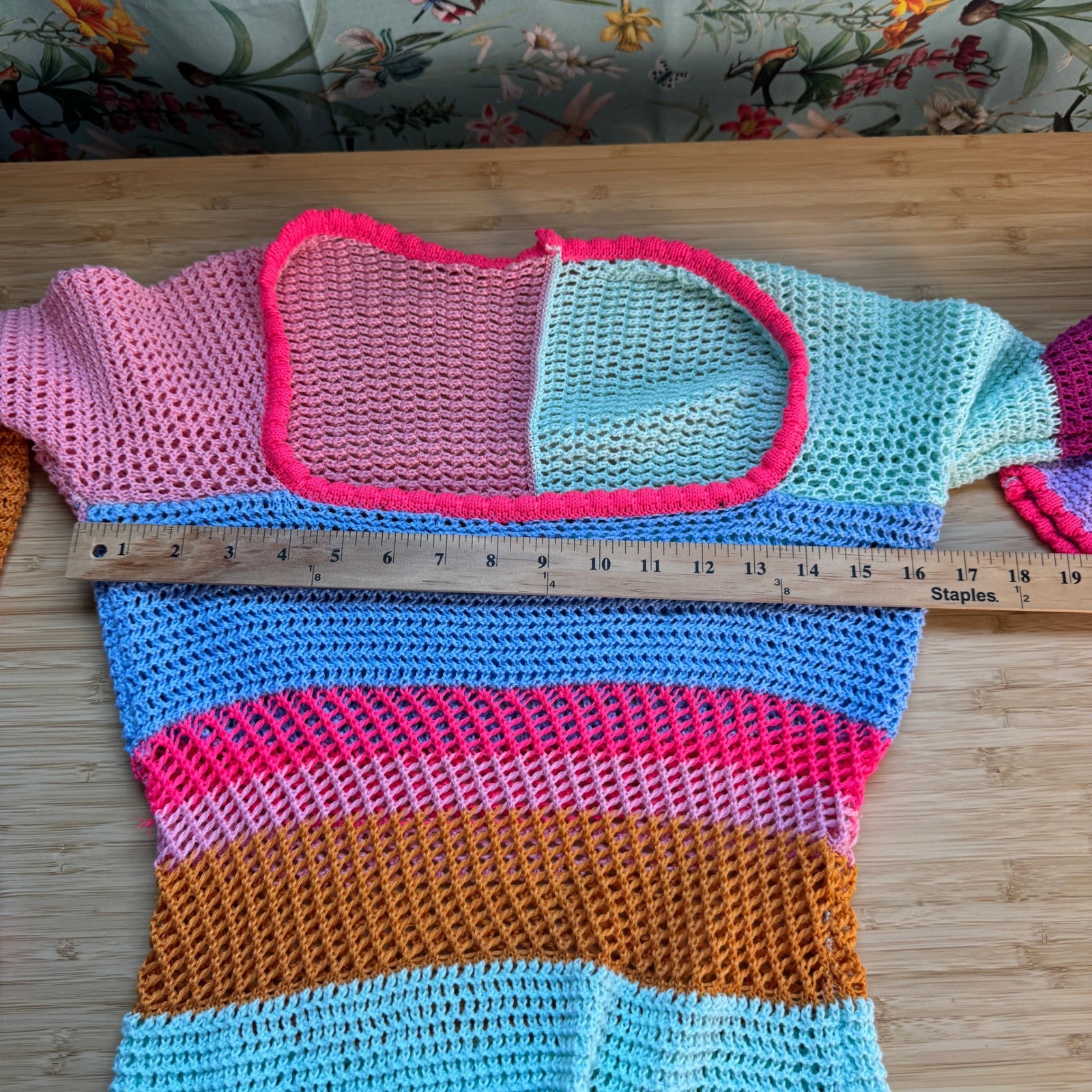 Multicolor Crochet Mini Dress Bell Sleeve Striped Open Knit Festival Boho M