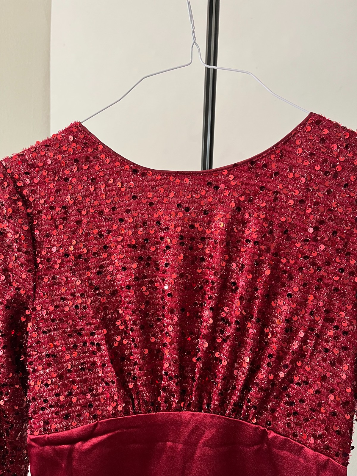 Burgundy Red Sequin Long Sleeve Mermaid Gown Low Back Satin Sash Formal Dress