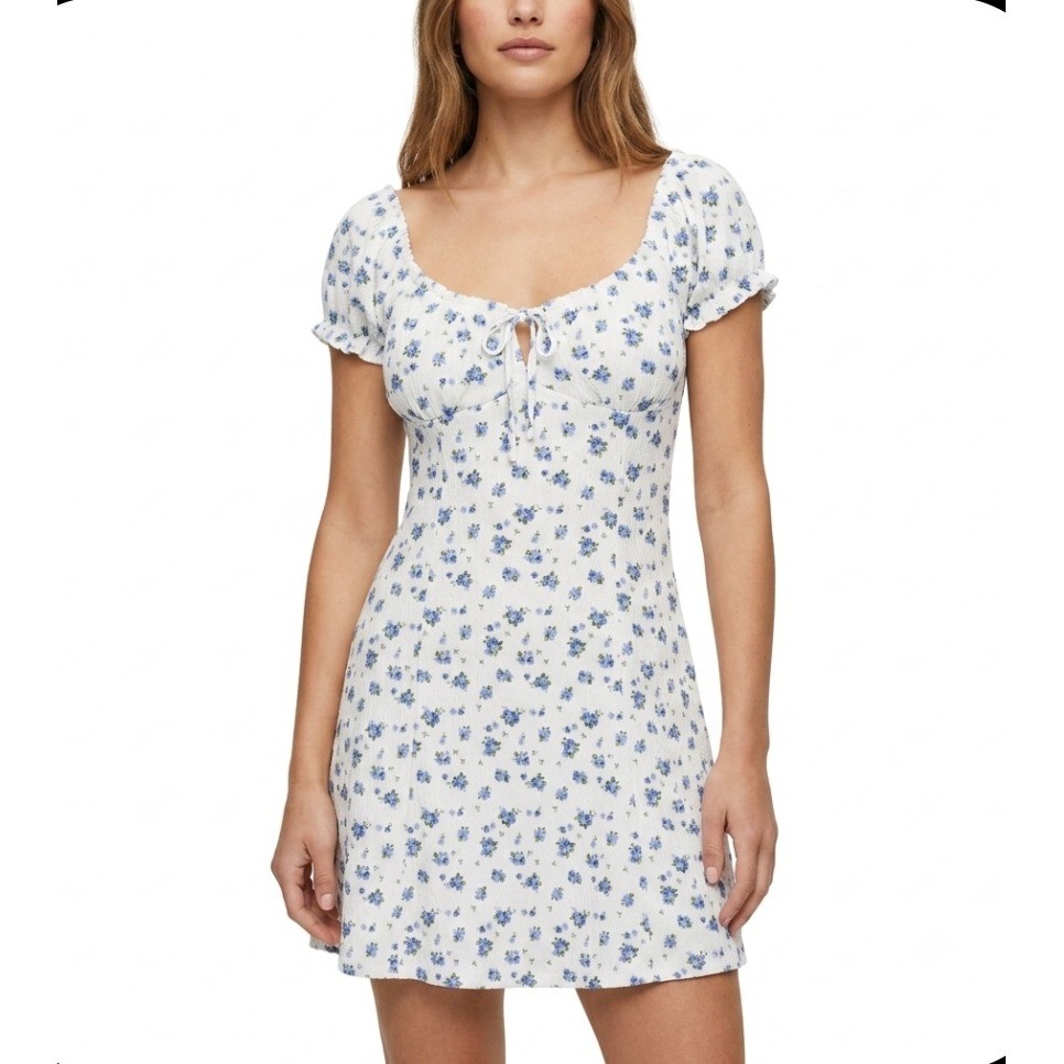 Madden Girl Mini Dress Women Large White Blue Floral Cottagecore Smocked Puff