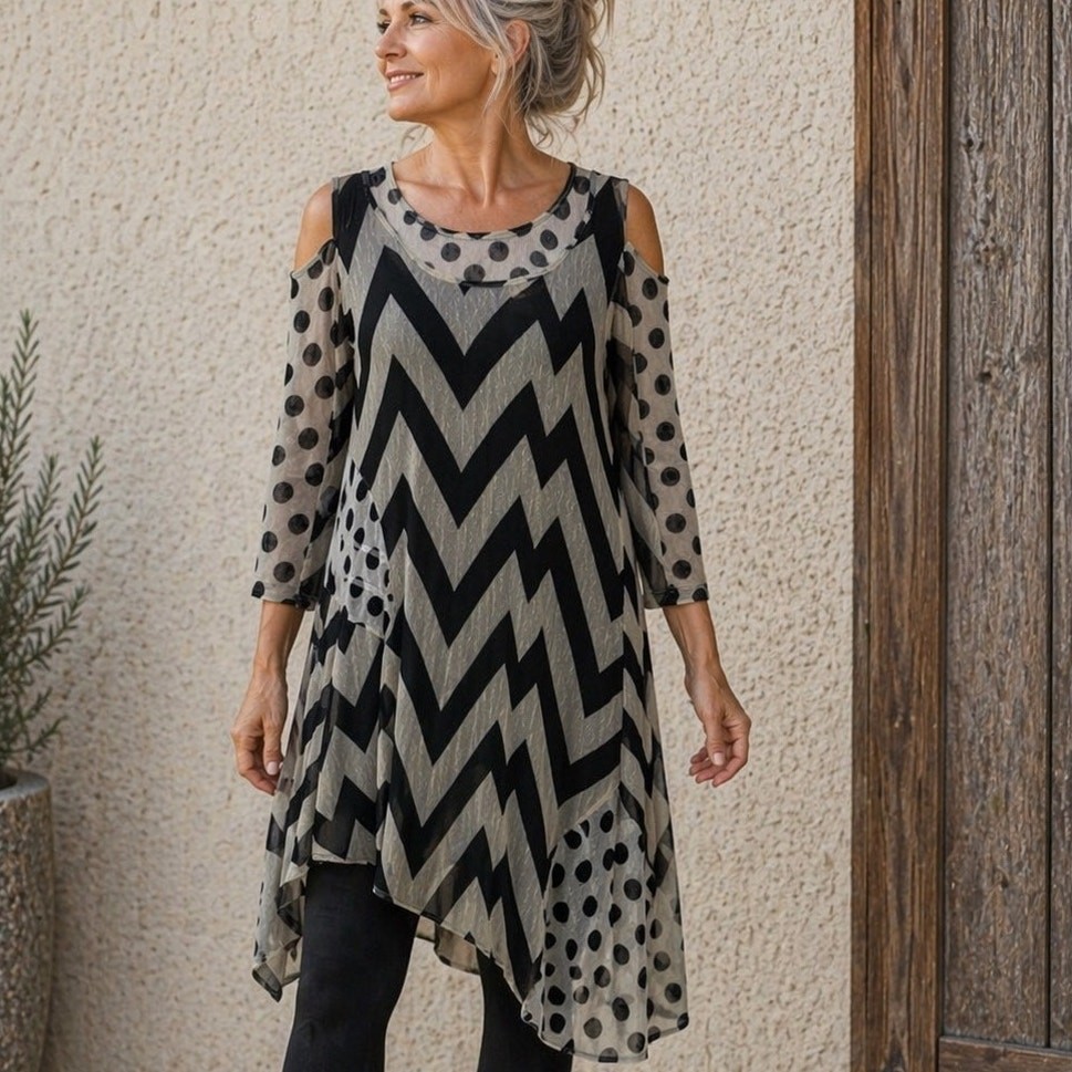 Merchant Mesh Tunic Dress Medium Black Beige Chevron Cut out Shoulders Lagenlook