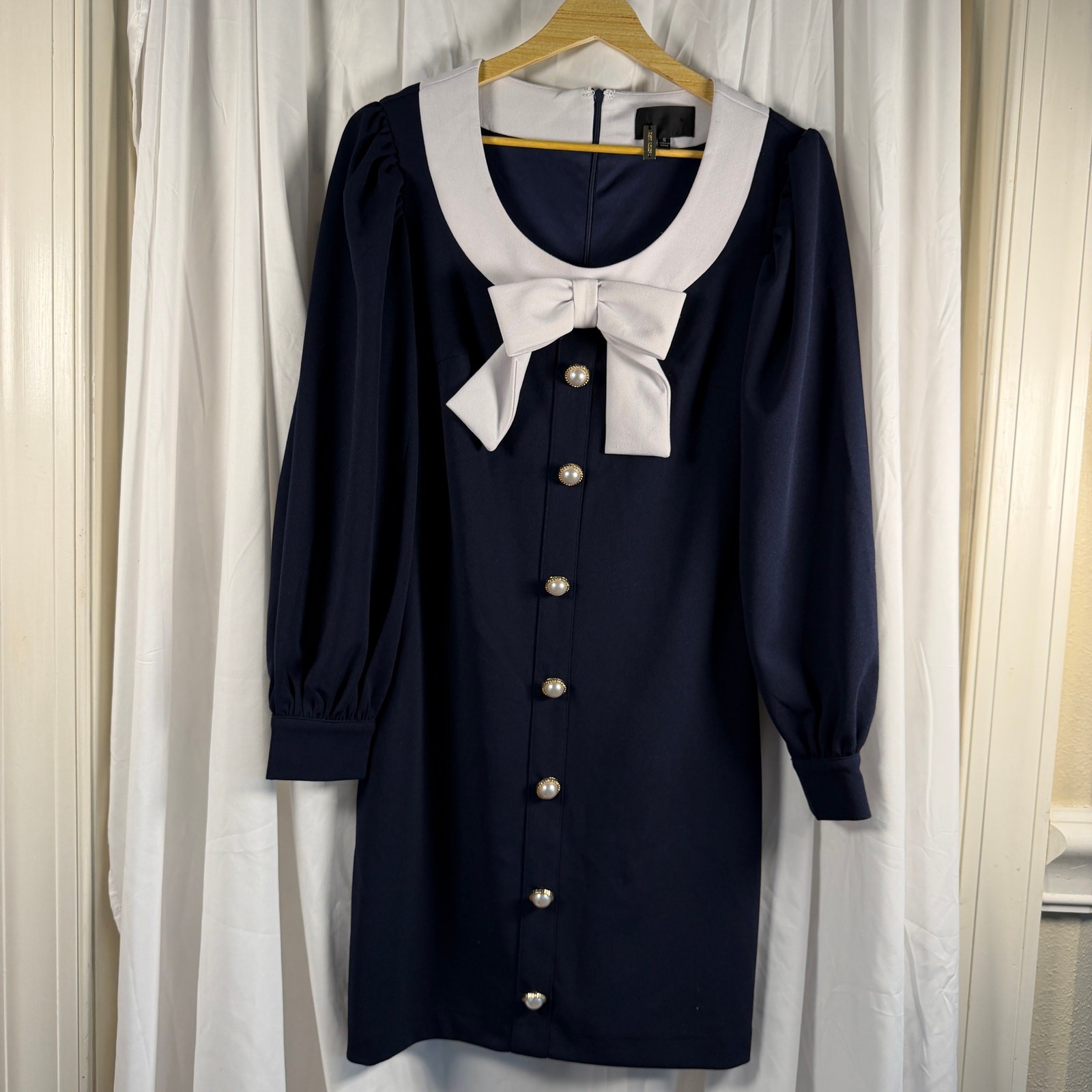 Alexia Admor Navy Bow Dress Pearl Button Front Lg Sl Mini Preppy Chic Size Small