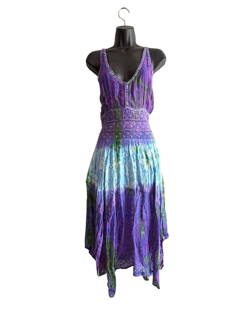 Advance Apparels Purple Blue Tie Dye Sequin Handkerchief Hem Dress Fairy Hippie