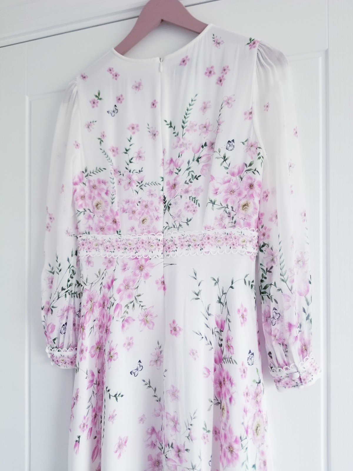 Hobbs Skye Floral Print Pure Silk Midi Dress Ivory Pink Size UK 10 Petite (8-10)
