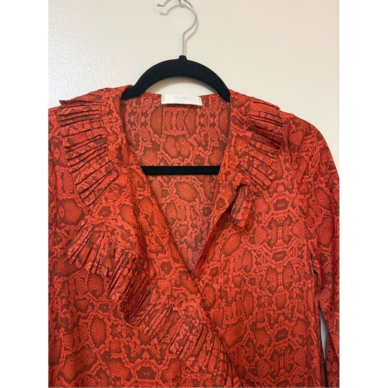 Mango Premium Red Snakeskin Print Ruffle Midi Dress Long Sleeve Size 2 XS