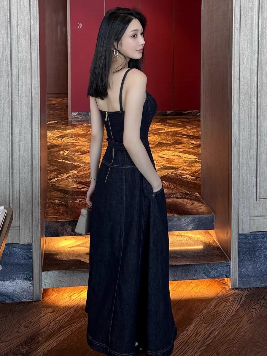 Self-Portrait Dark blue denim dress Pocket Belts Strapless long Dresses