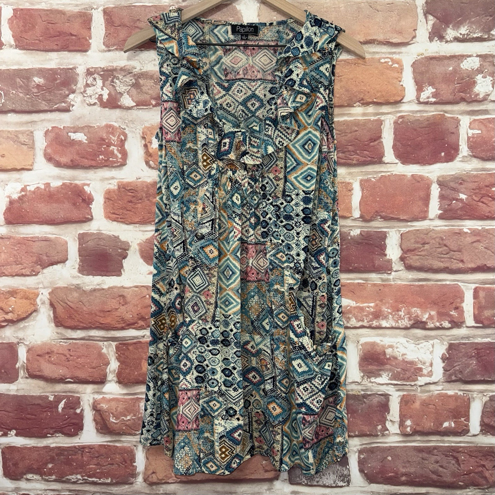Papillon Dress Womens Large Multicolor Boho Abstract Ruffle Neck Front Pockets