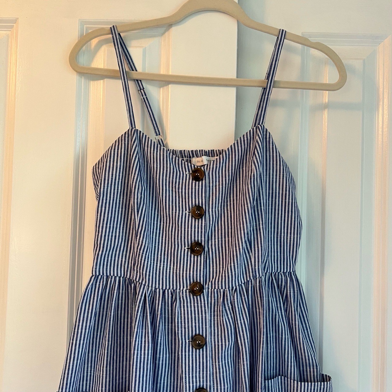 Slide Show Blue White Pinstripe Cottagecore Button Front Midi Dress Size 12